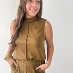 Mock Neck Sleeveless Top & Pant Set - Olive
