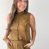 Mock Neck Sleeveless Top & Pant Set - Olive