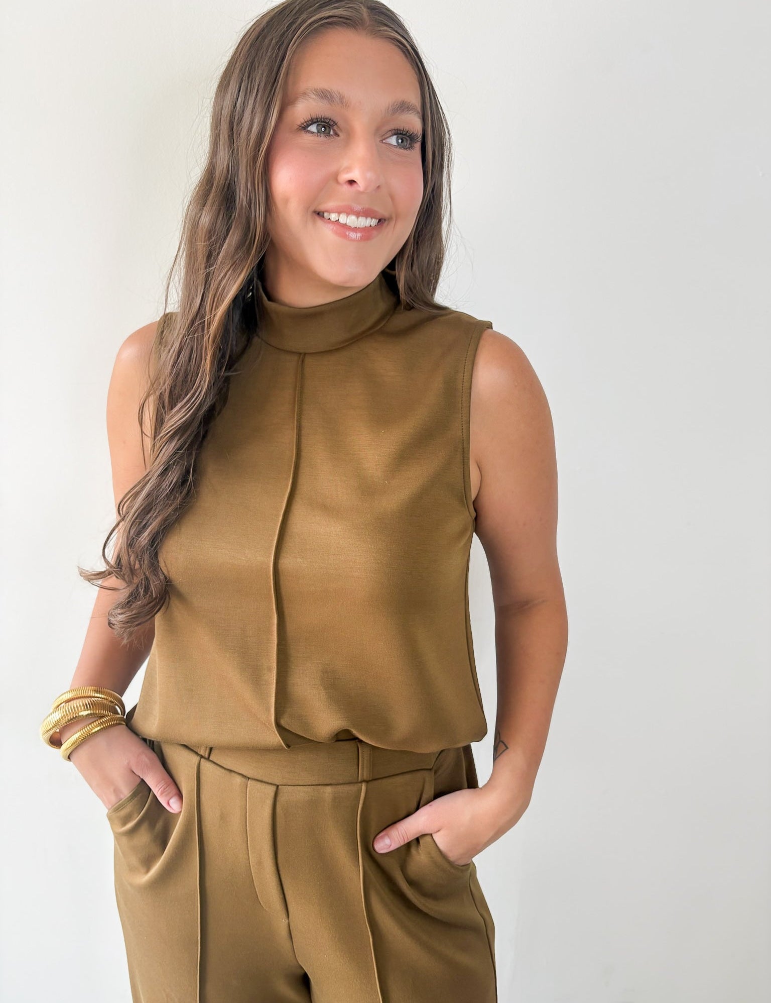Mock Neck Sleeveless Top & Pant Set - Olive