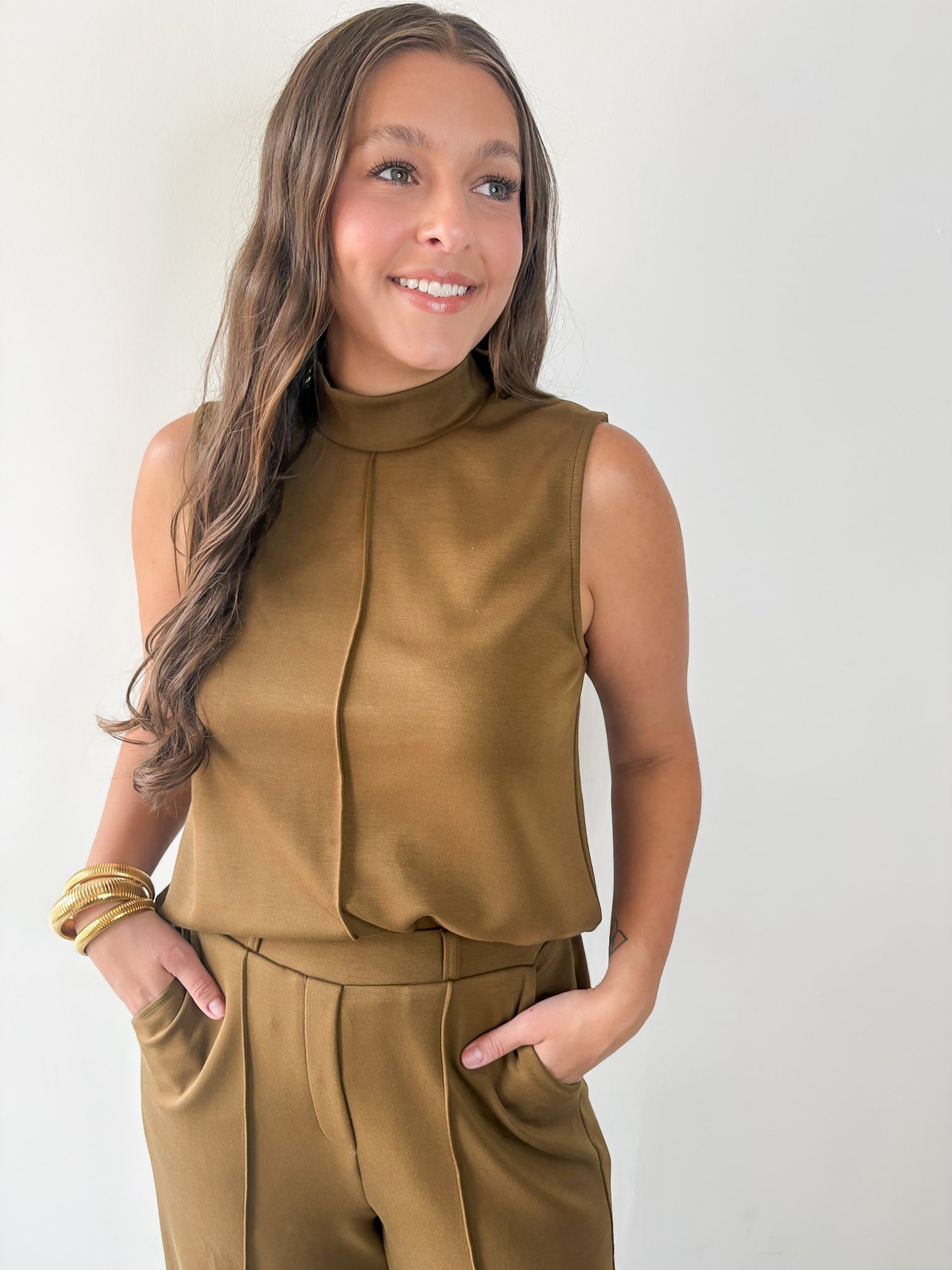 Mock Neck Sleeveless Top & Pant Set - Olive