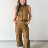 Mock Neck Sleeveless Top & Pant Set - Olive