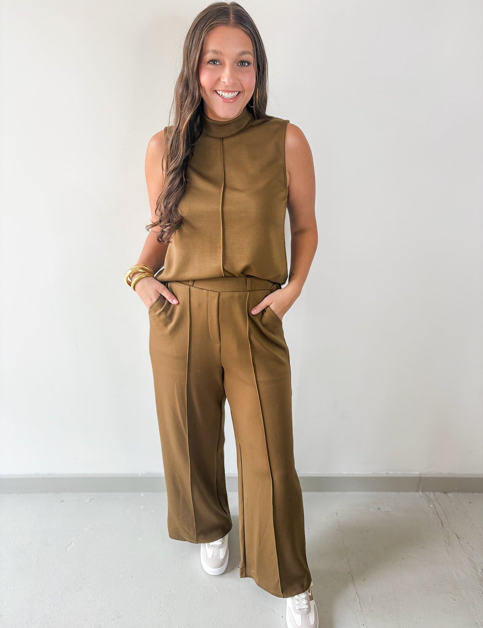 Mock Neck Sleeveless Top & Pant Set - Olive