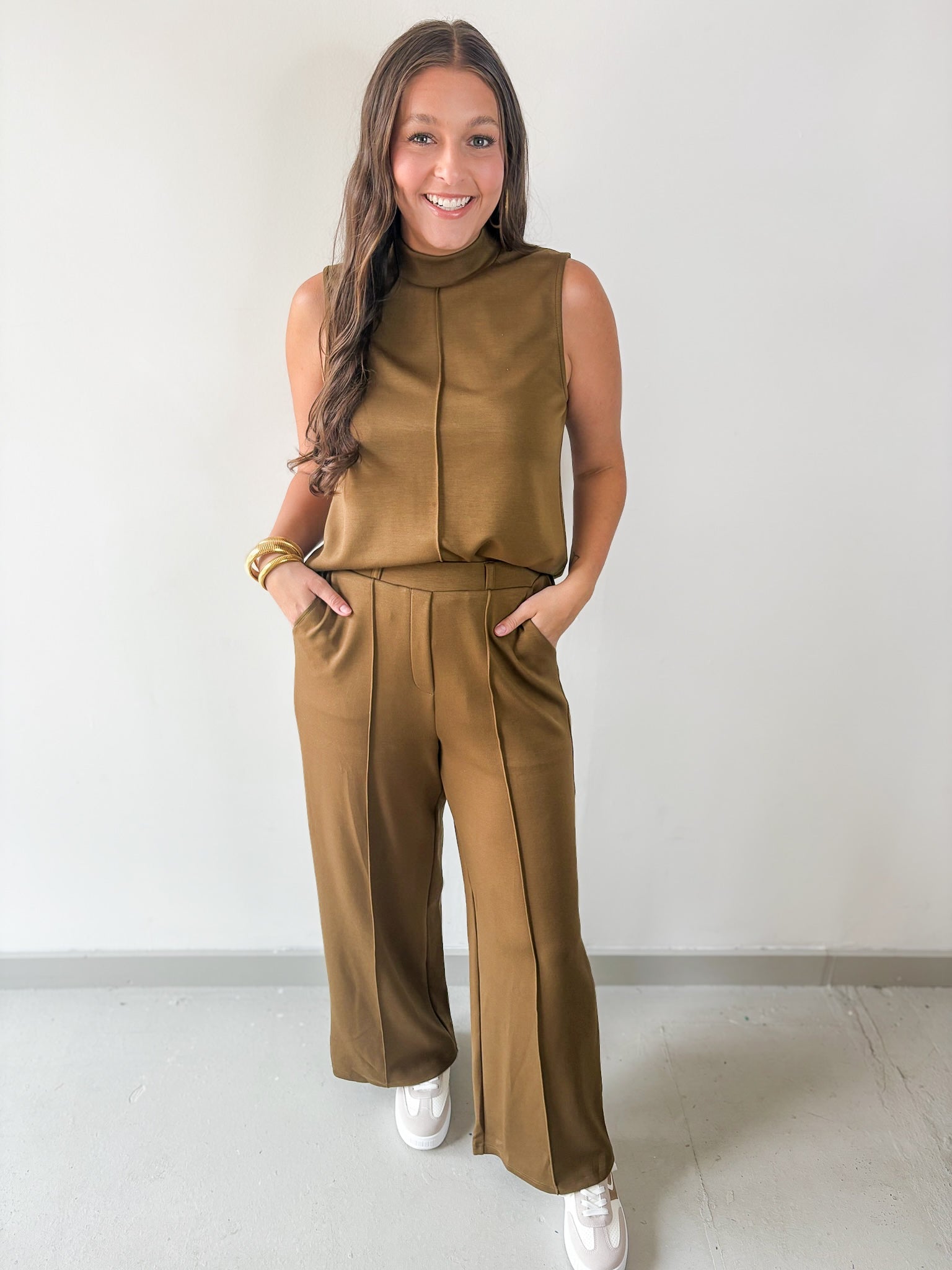 Mock Neck Sleeveless Top & Pant Set - Olive