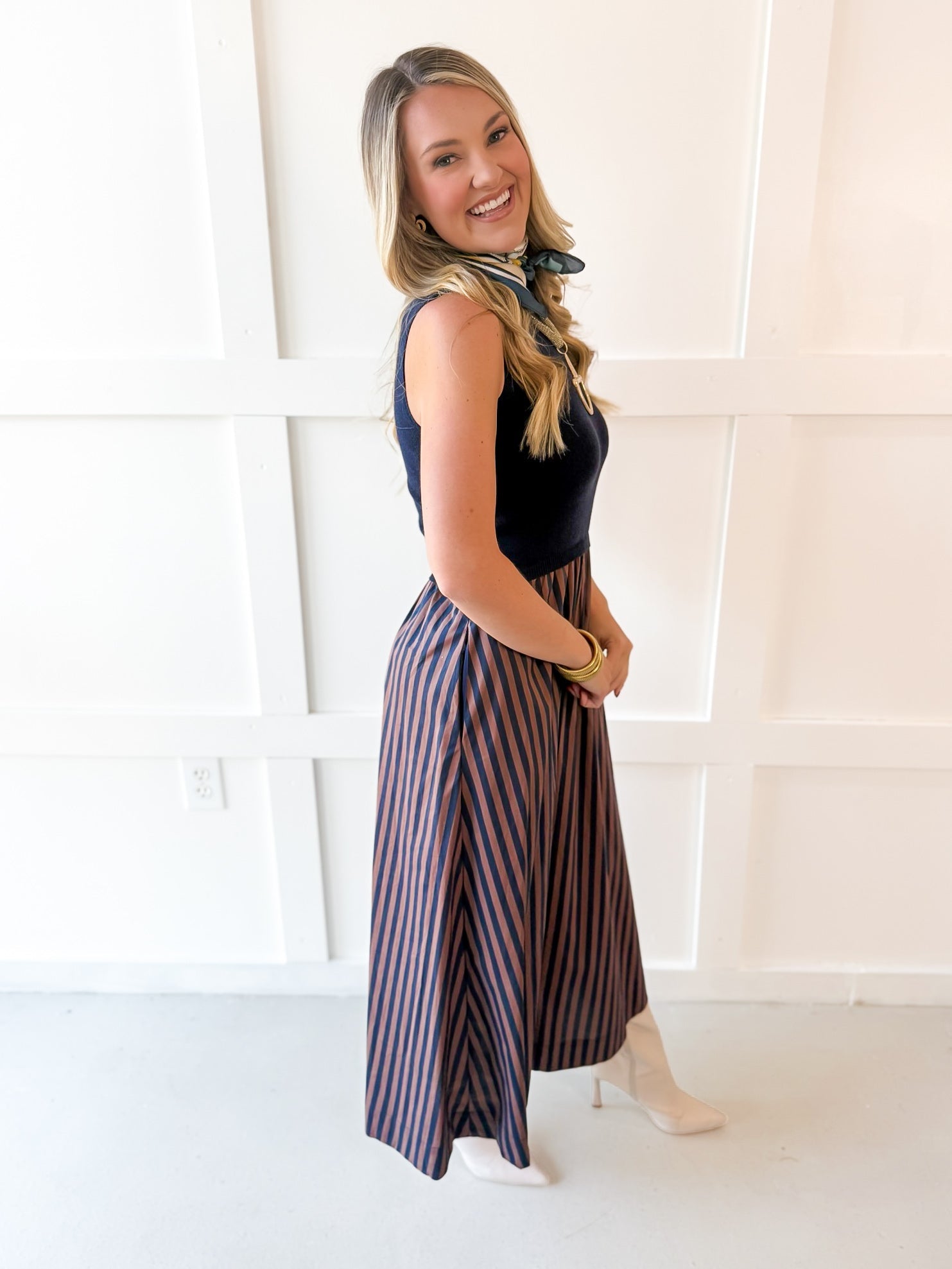 Mock Neck Striped Maxi Dress - Navy