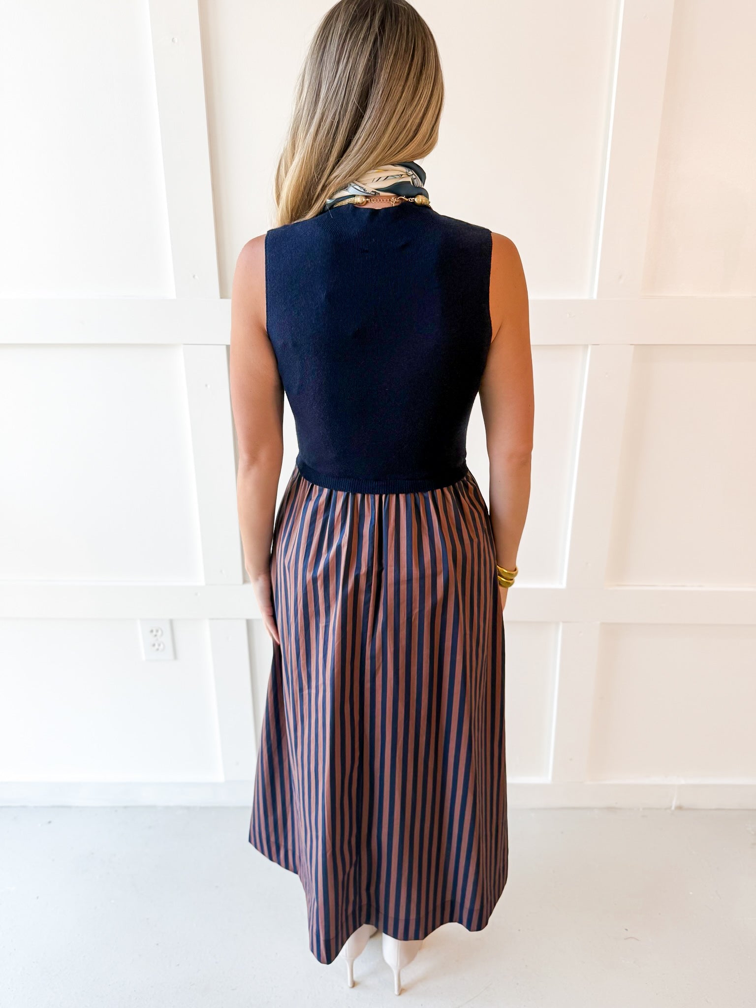 Mock Neck Striped Maxi Dress - Navy