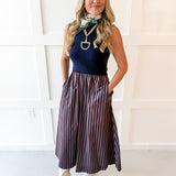 Mock Neck Striped Maxi Dress - Navy