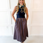 Mock Neck Striped Maxi Dress - Navy