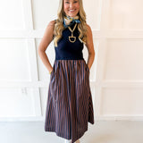 Mock Neck Striped Maxi Dress - Navy
