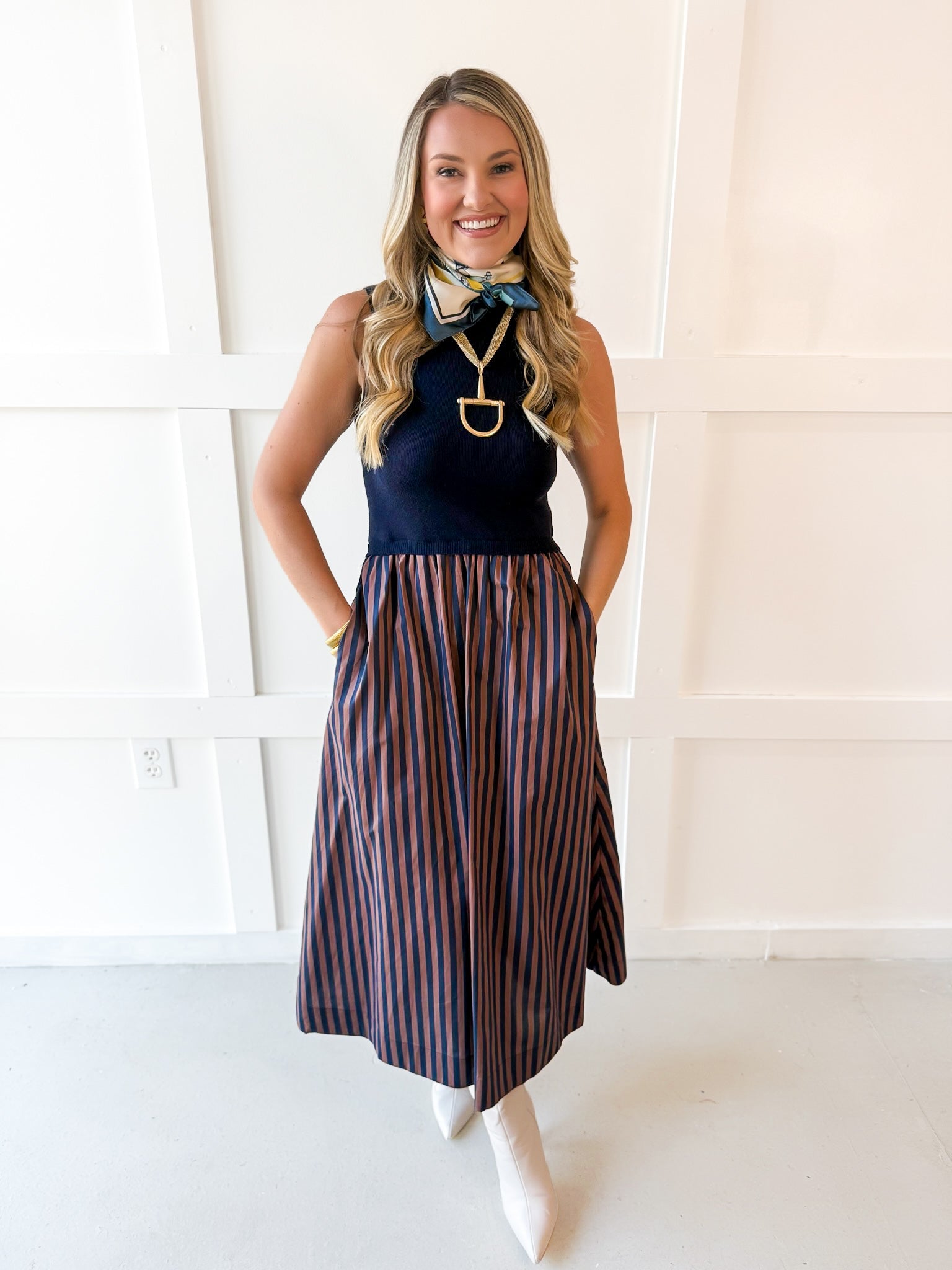 Mock Neck Striped Maxi Dress - Navy
