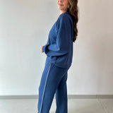 Modal Piping Top & Pant Set - Navy/Cream