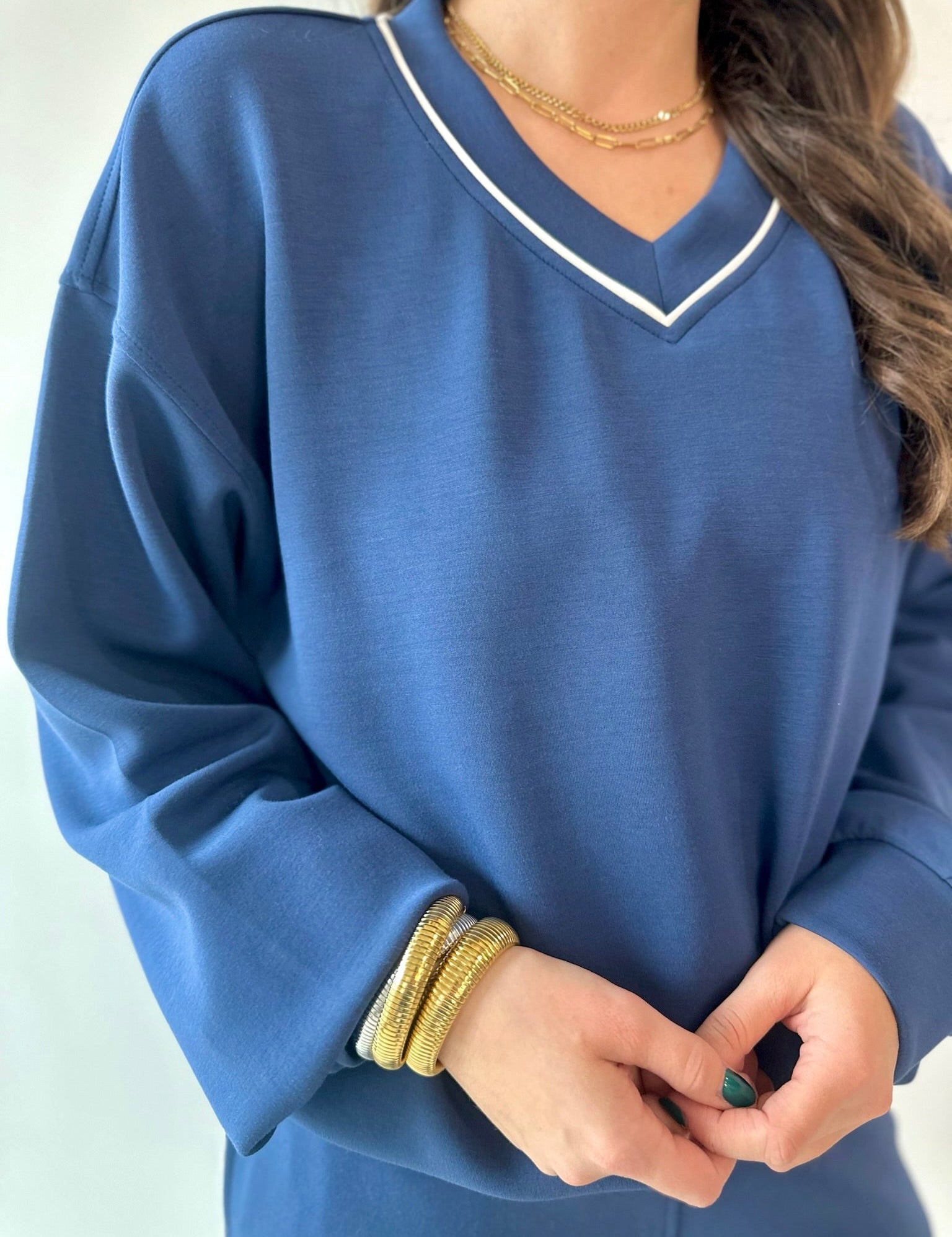 Modal Piping Top & Pant Set - Navy/Cream