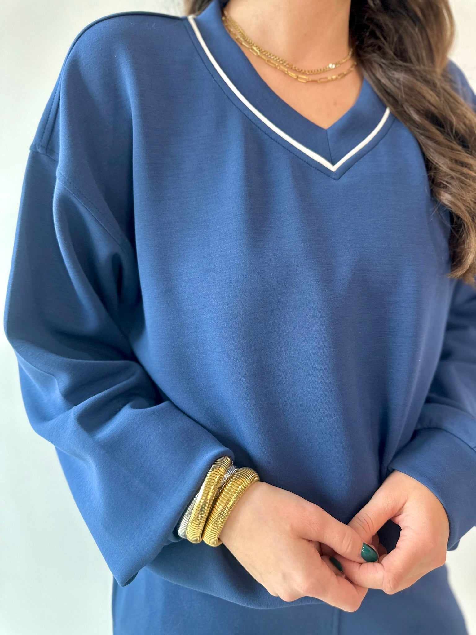 Modal Piping Top & Pant Set - Navy/Cream