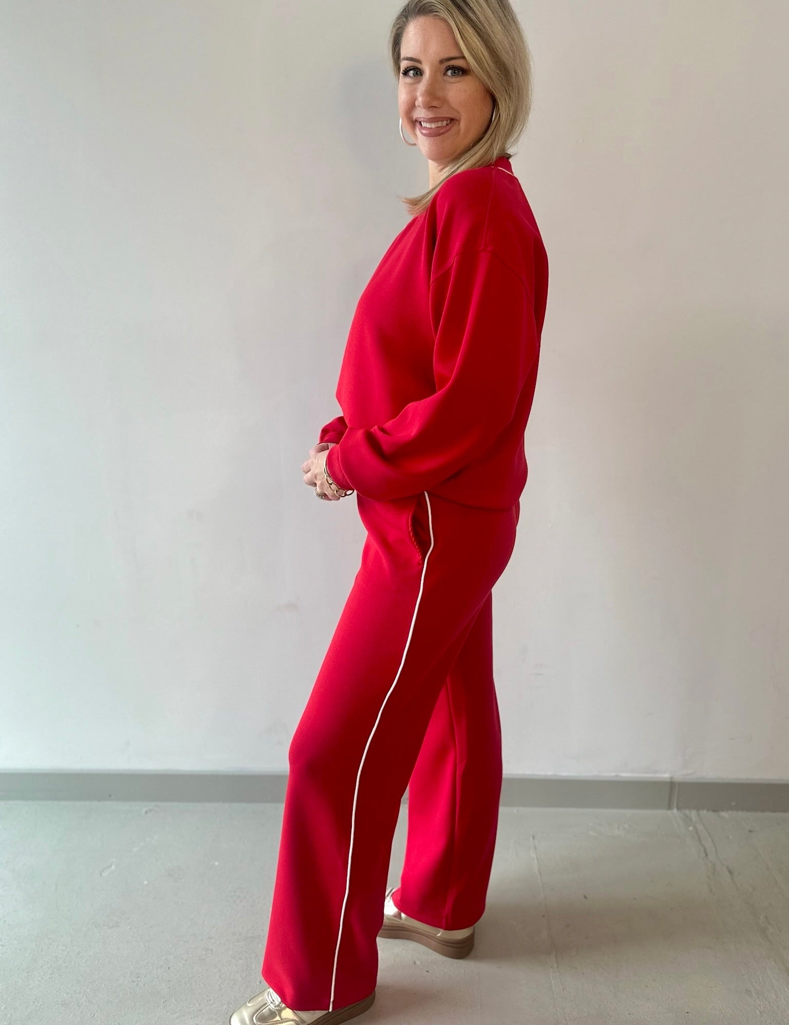 Modal Piping Top & Pant Set - Red/Cream