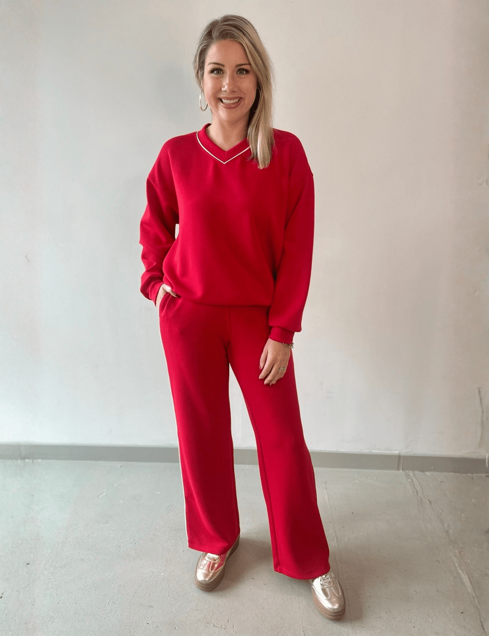 Modal Piping Top & Pant Set - Red/Cream