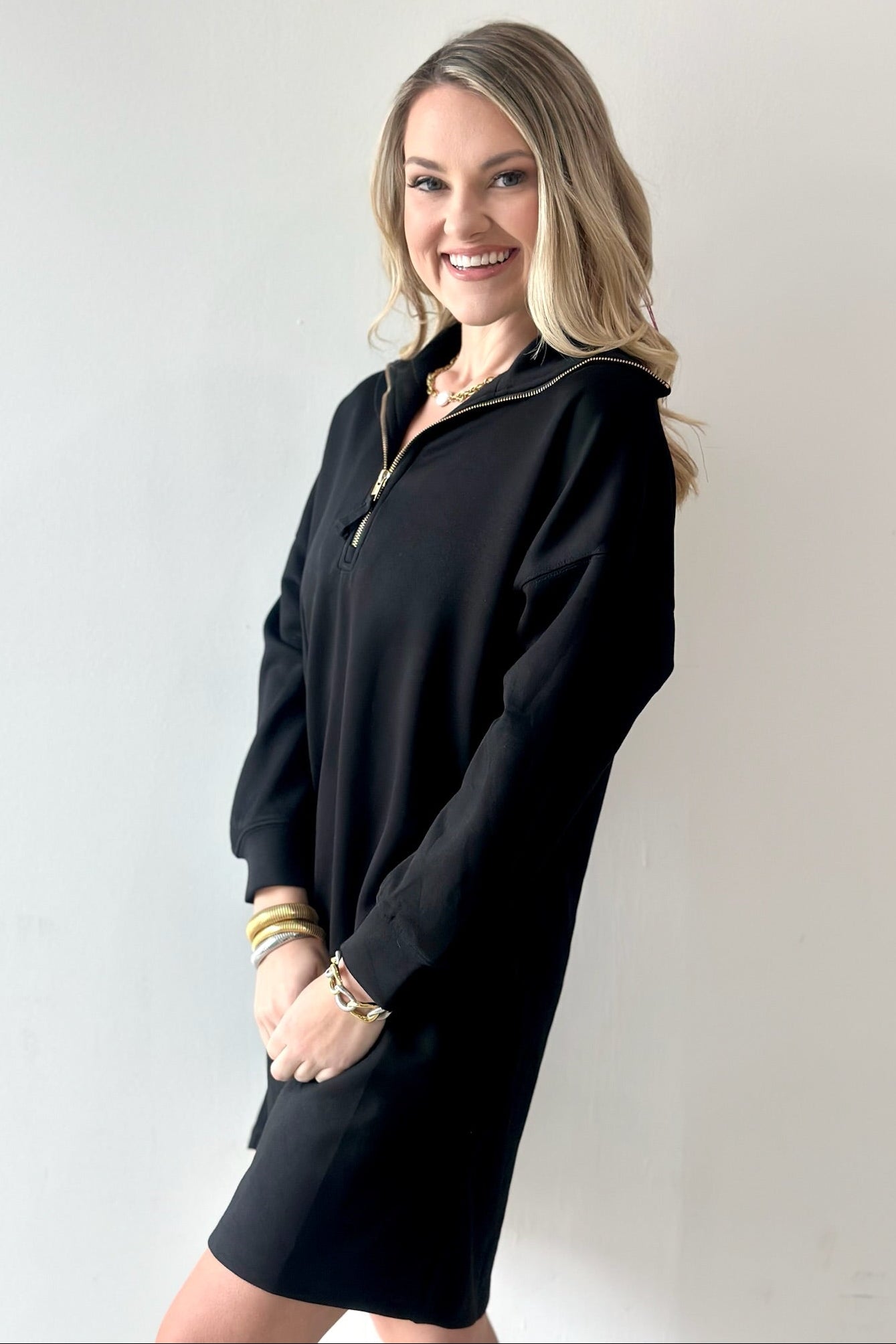 Modal Quarter Zip Dress - Black