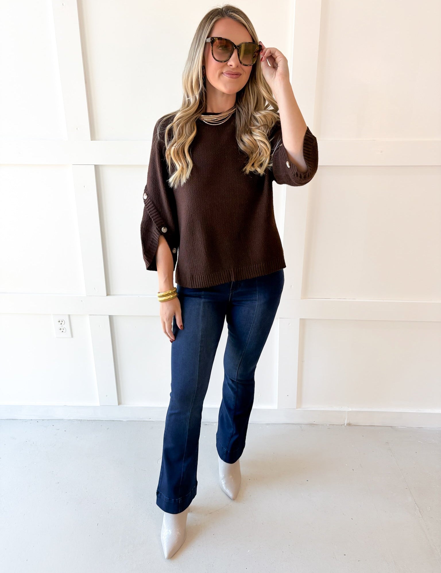 Moss Stitch Relaxed Sweater - Brown