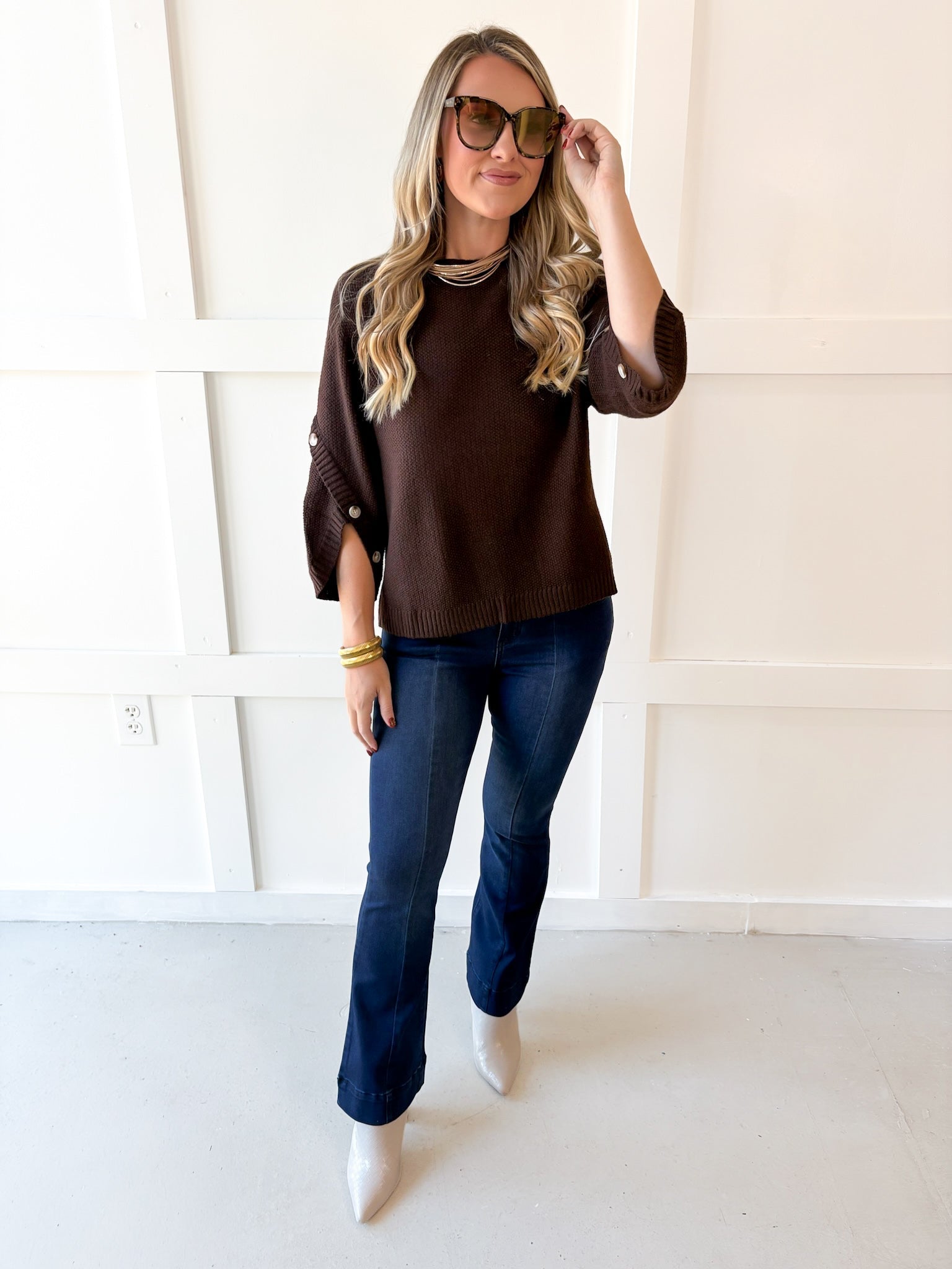 Moss Stitch Relaxed Sweater - Brown
