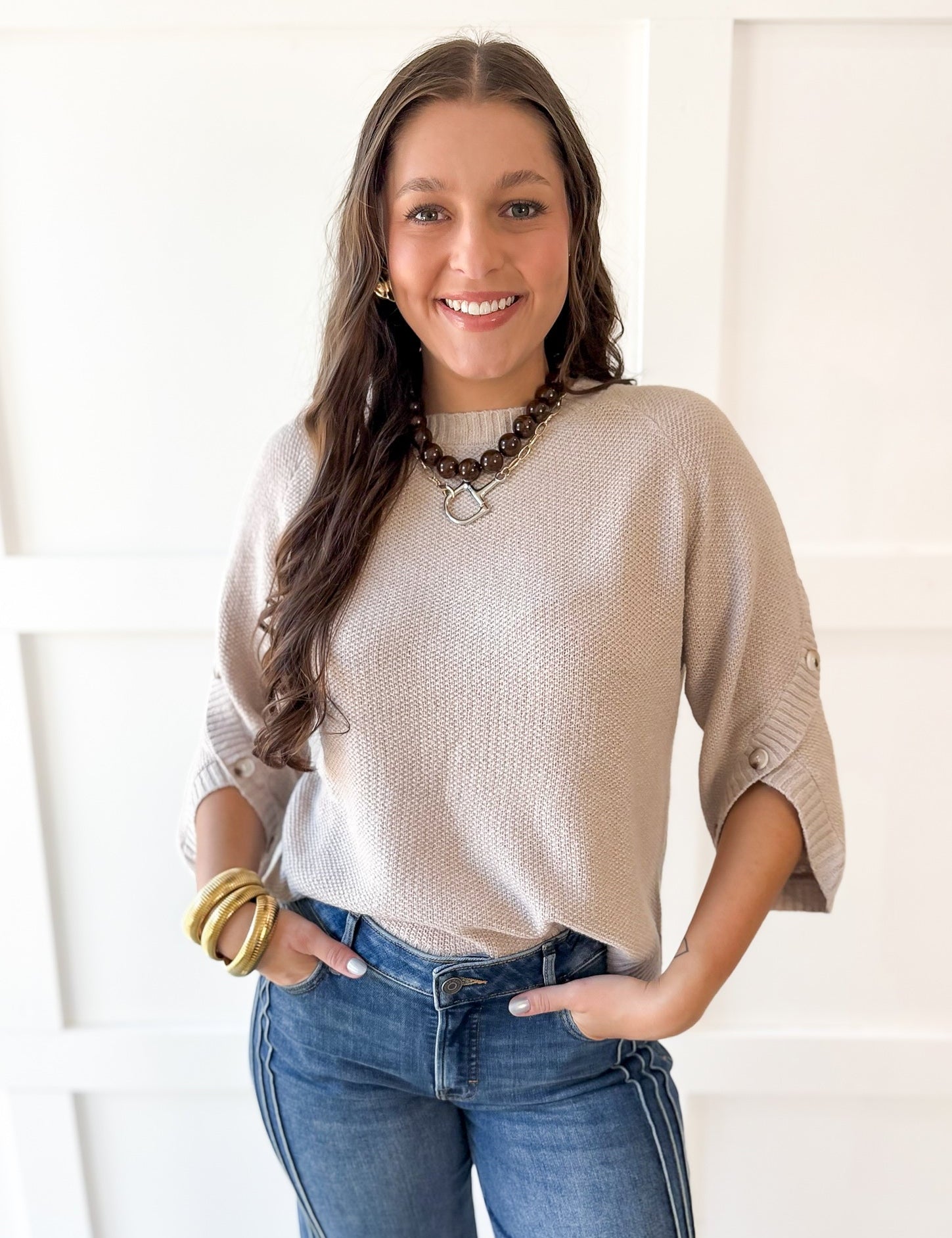 Moss Stitch Relaxed Sweater -Latte