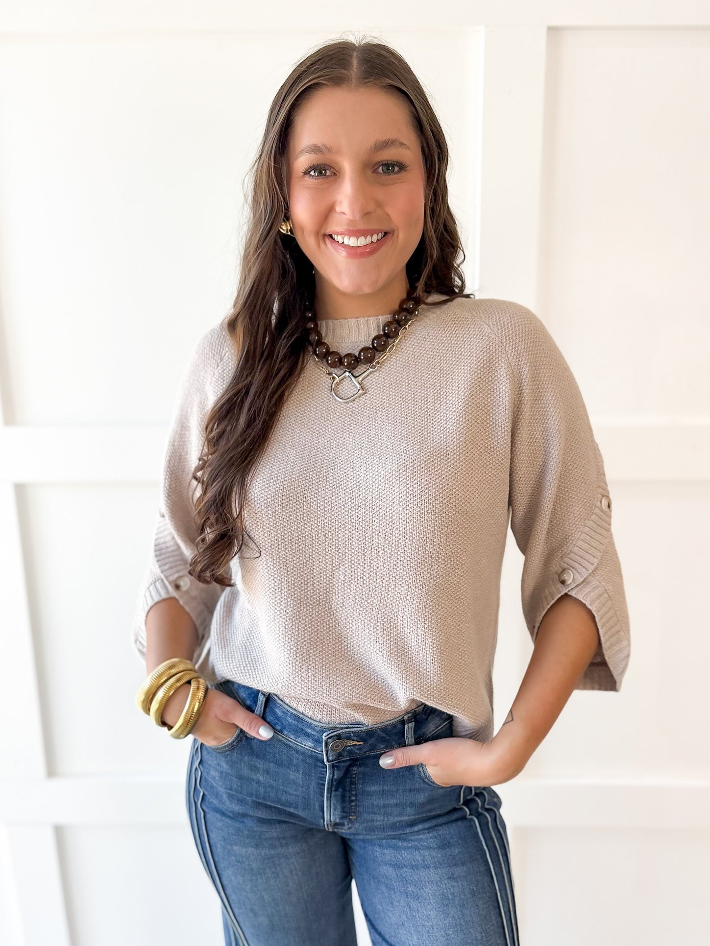 Moss Stitch Relaxed Sweater -Latte