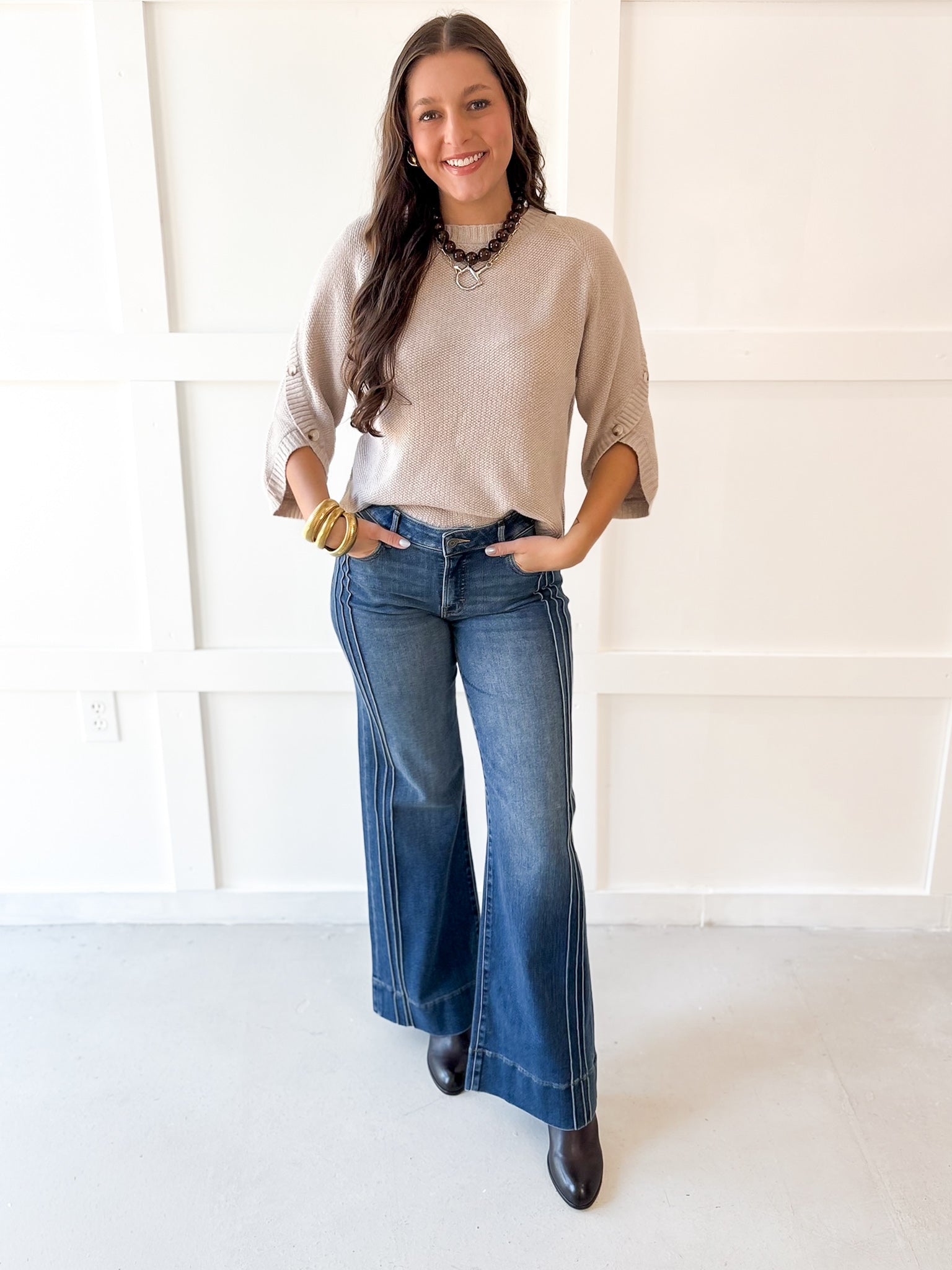 Moss Stitch Relaxed Sweater -Latte