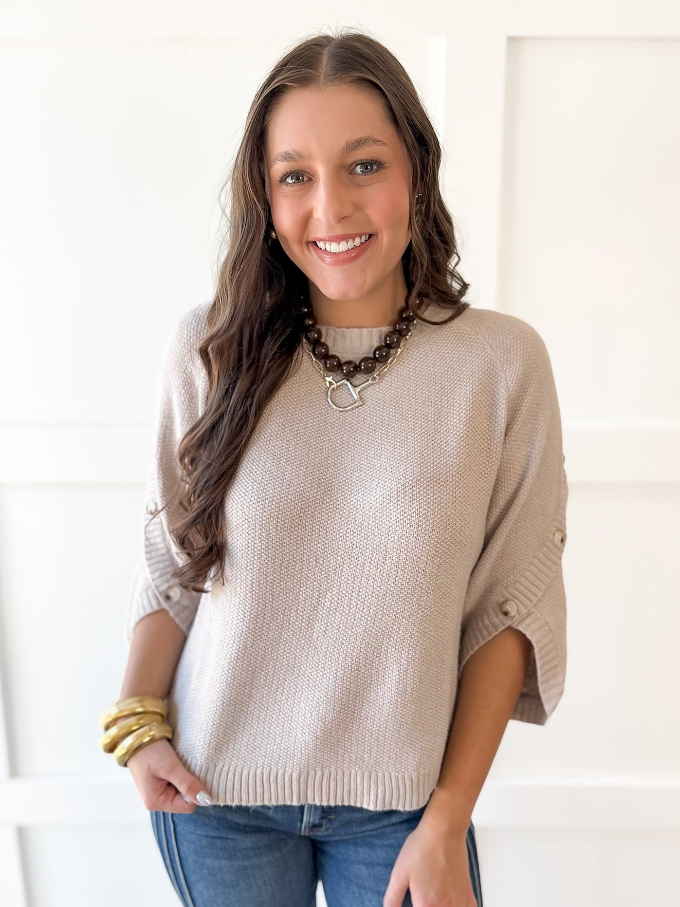 Moss Stitch Relaxed Sweater -Latte