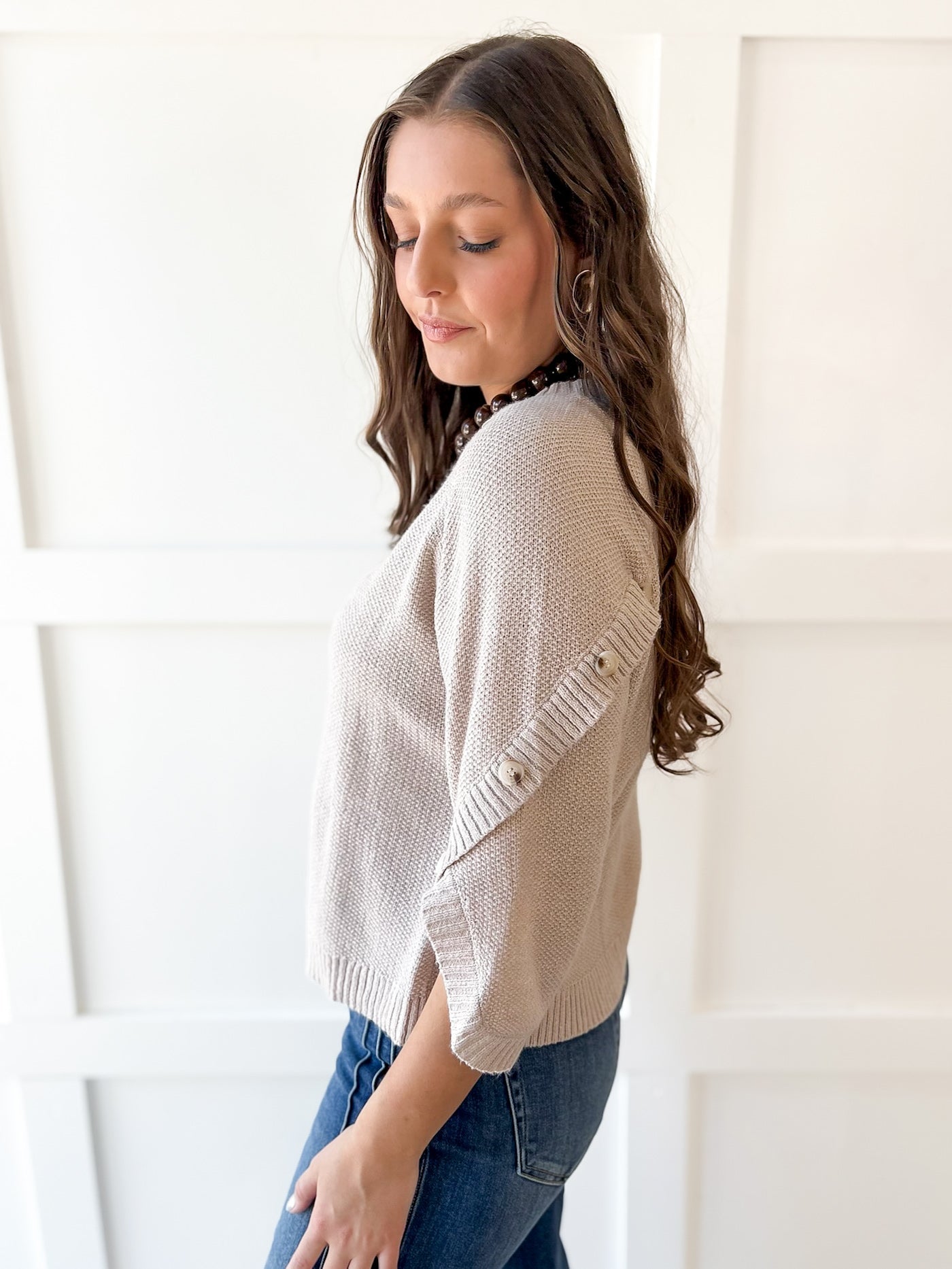Moss Stitch Relaxed Sweater -Latte