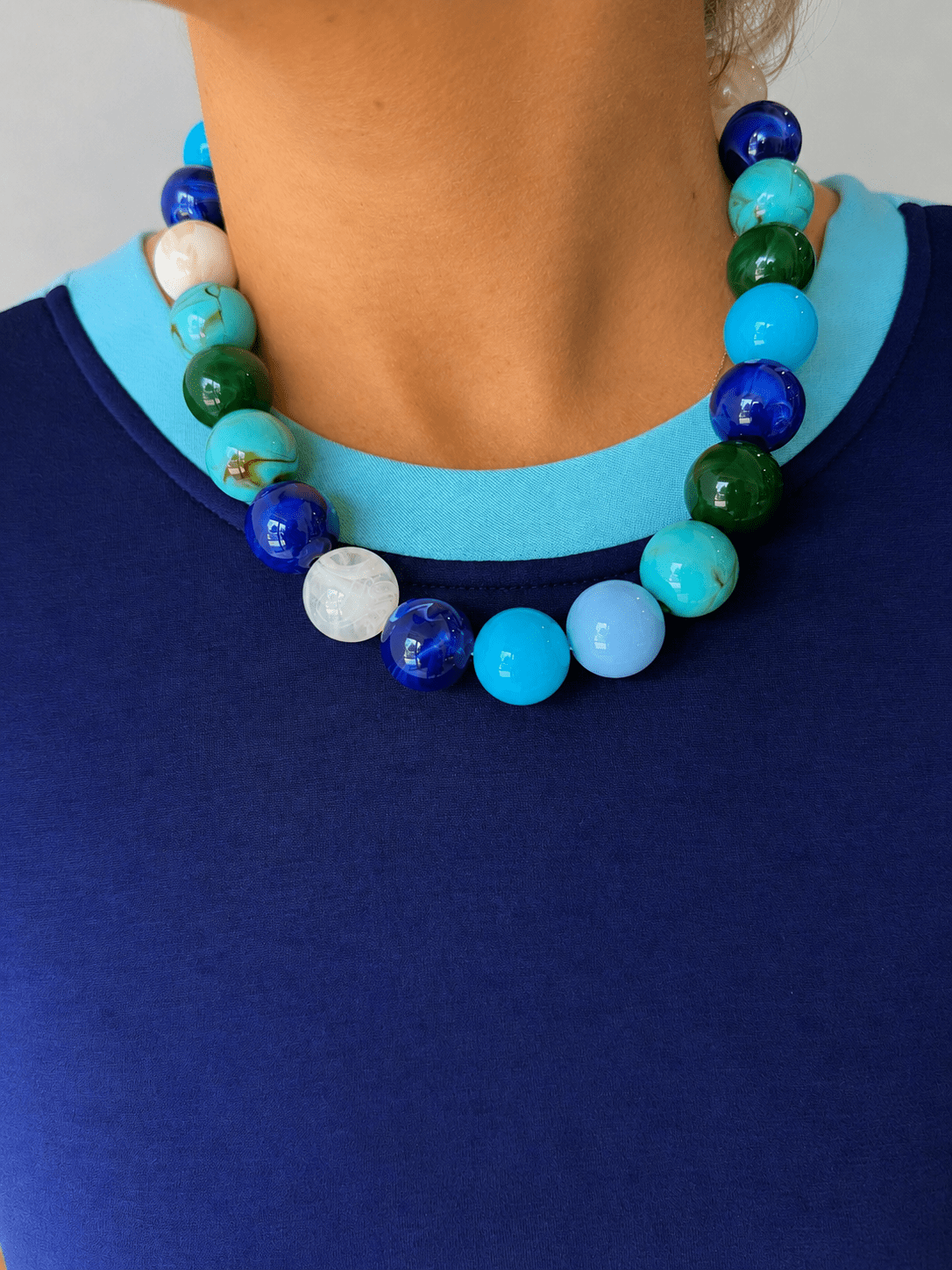 Multi Blues/Beige Beaded Necklace