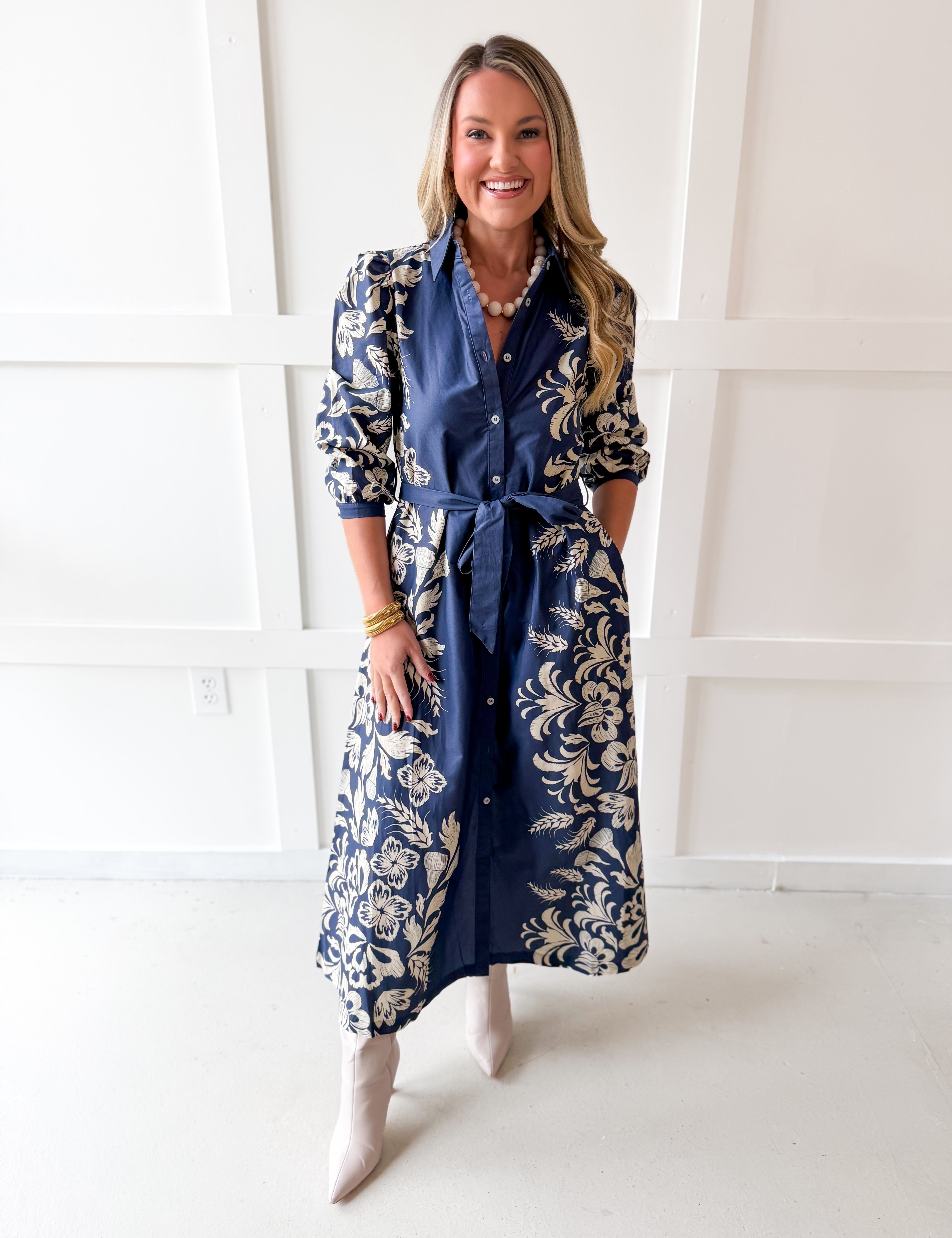 Multi Print Contrast Band Midi Dress