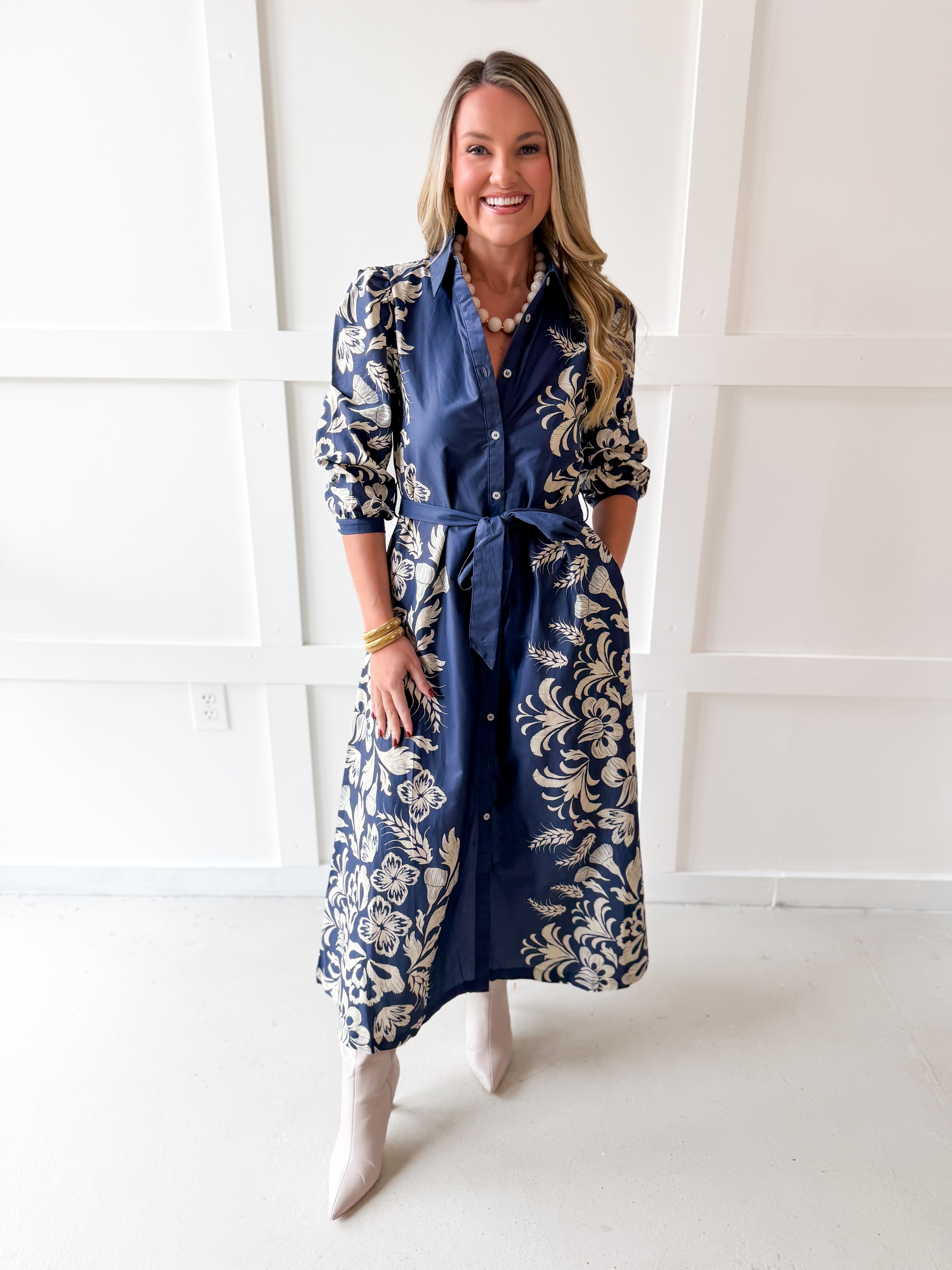 Multi Print Contrast Band Midi Dress