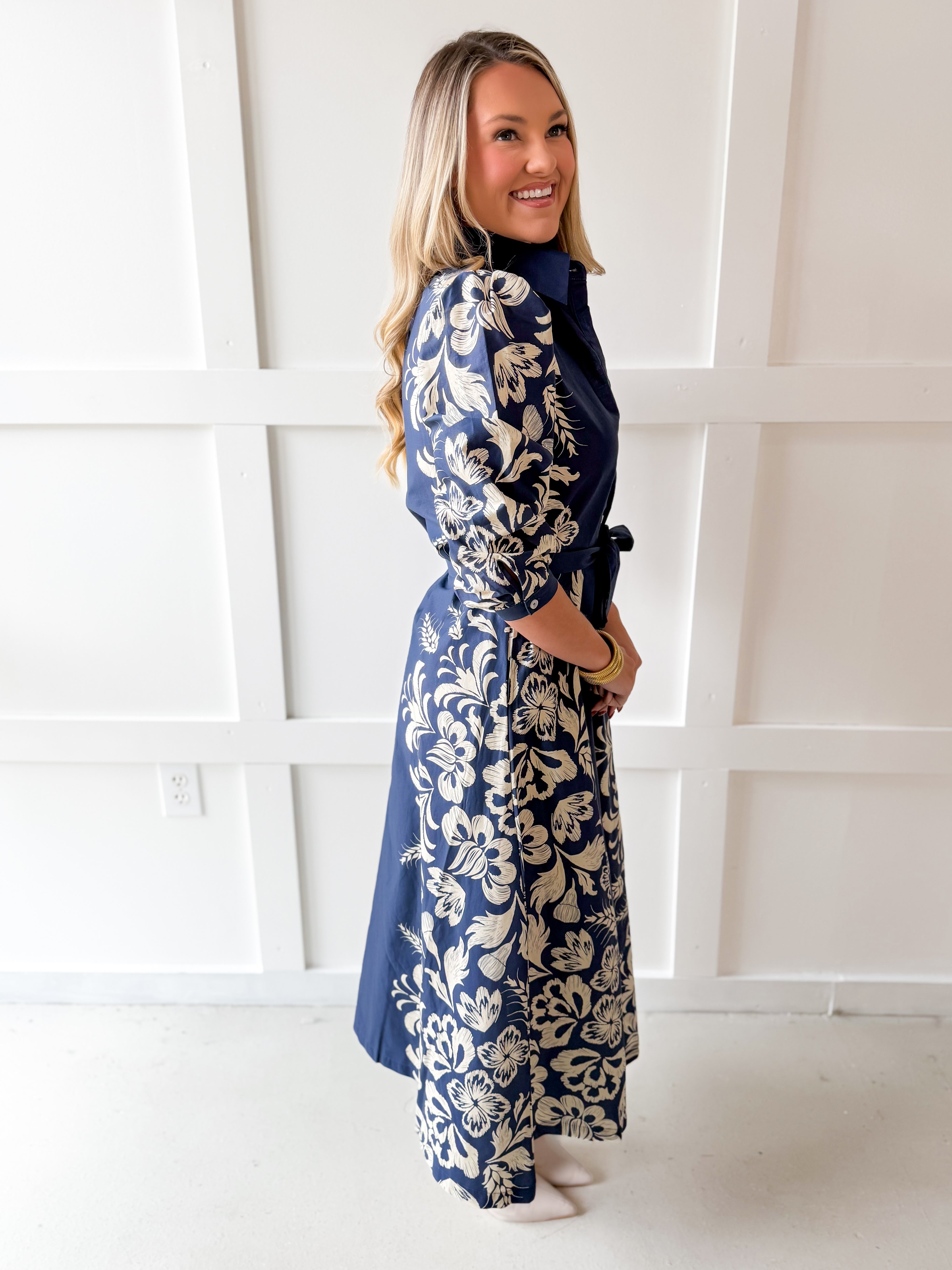 Multi Print Contrast Band Midi Dress