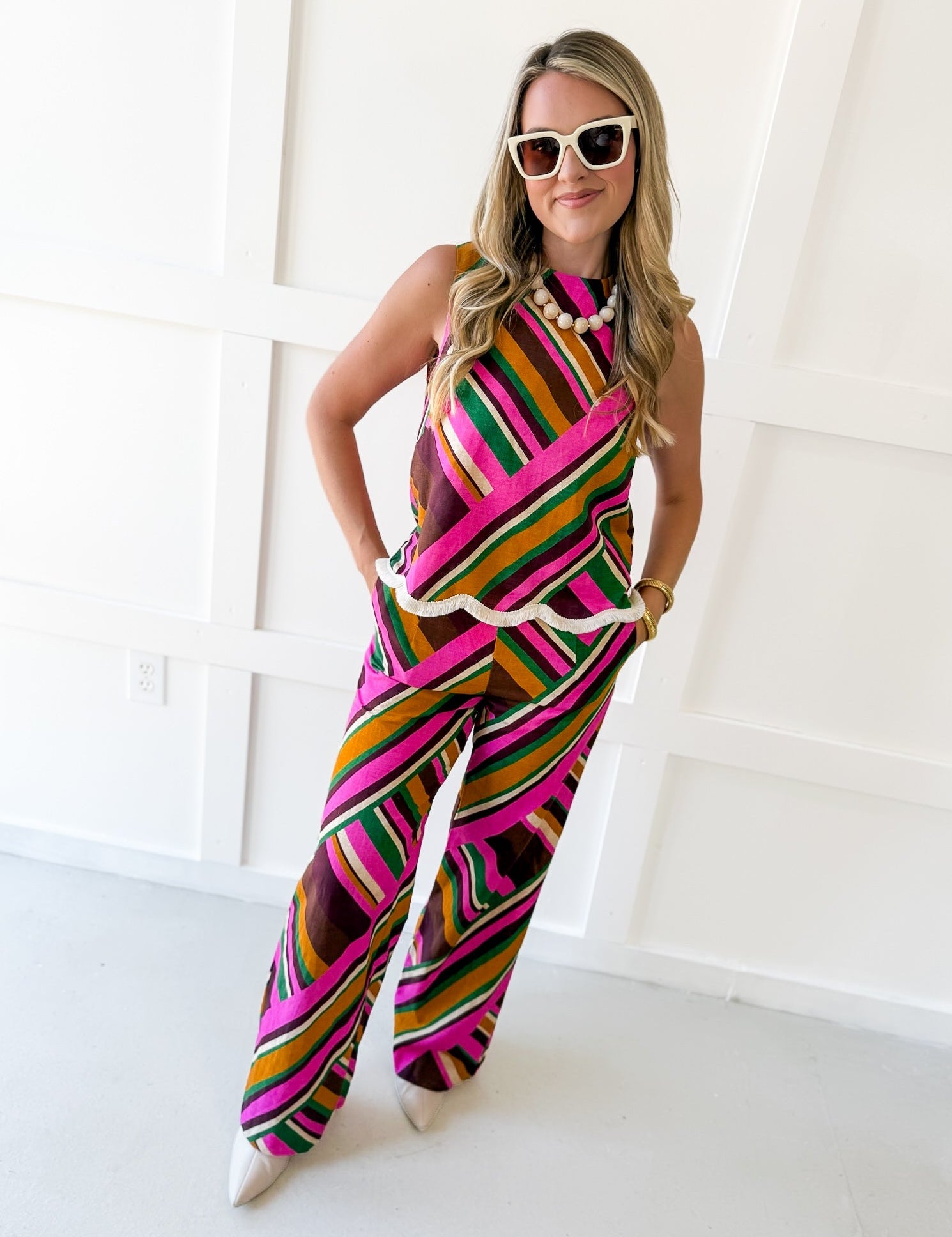 Multi Striped Fringe Top and Pant Set