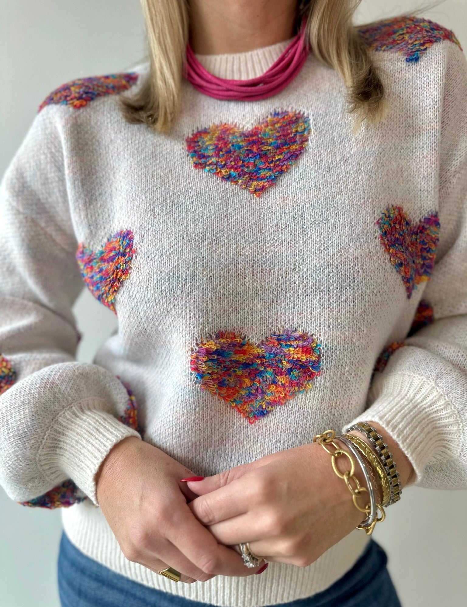 Multi Textured Heart Balloon Sleeve Sweater