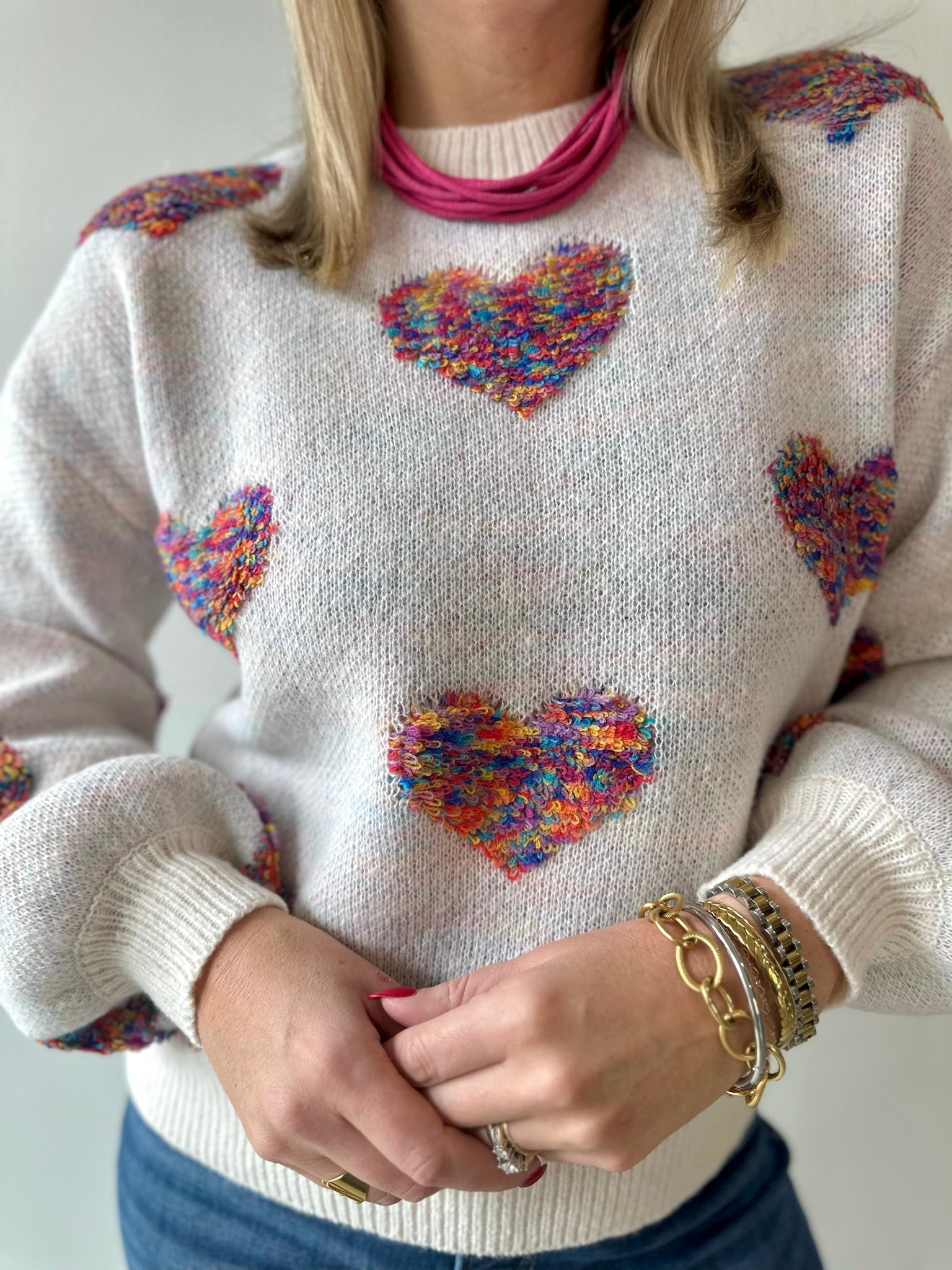 Multi Textured Heart Balloon Sleeve Sweater