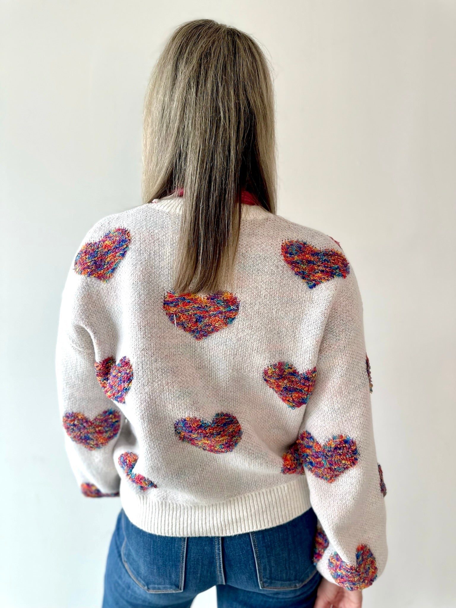 Multi Textured Heart Balloon Sleeve Sweater