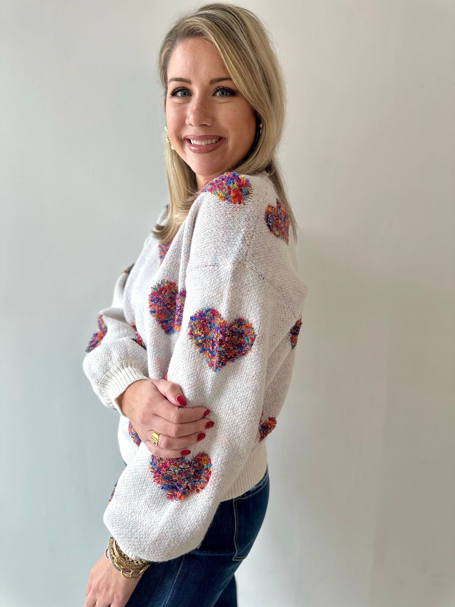 Multi Textured Heart Balloon Sleeve Sweater