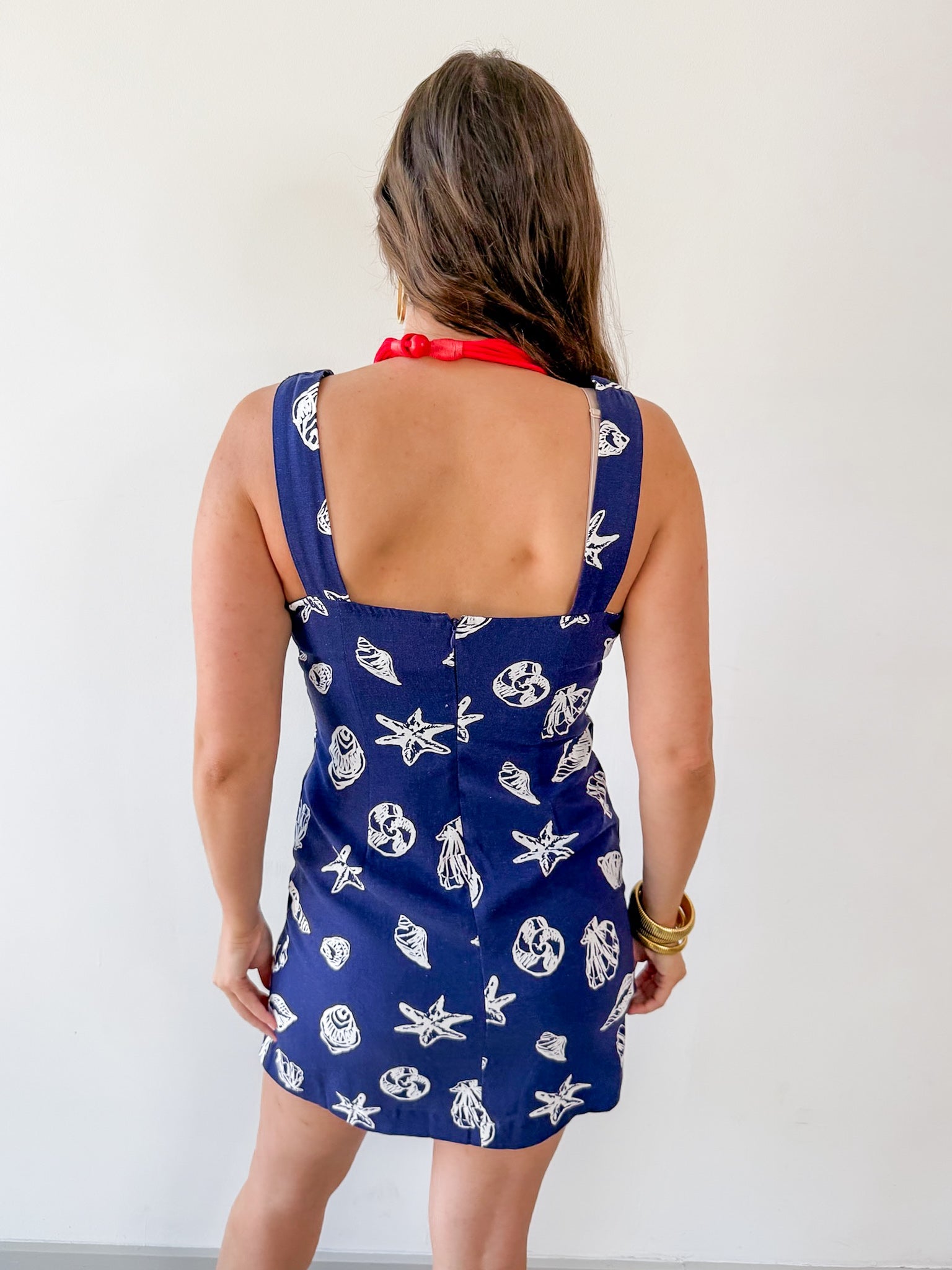 Nautical Motif Linen Midi Dress - Navy