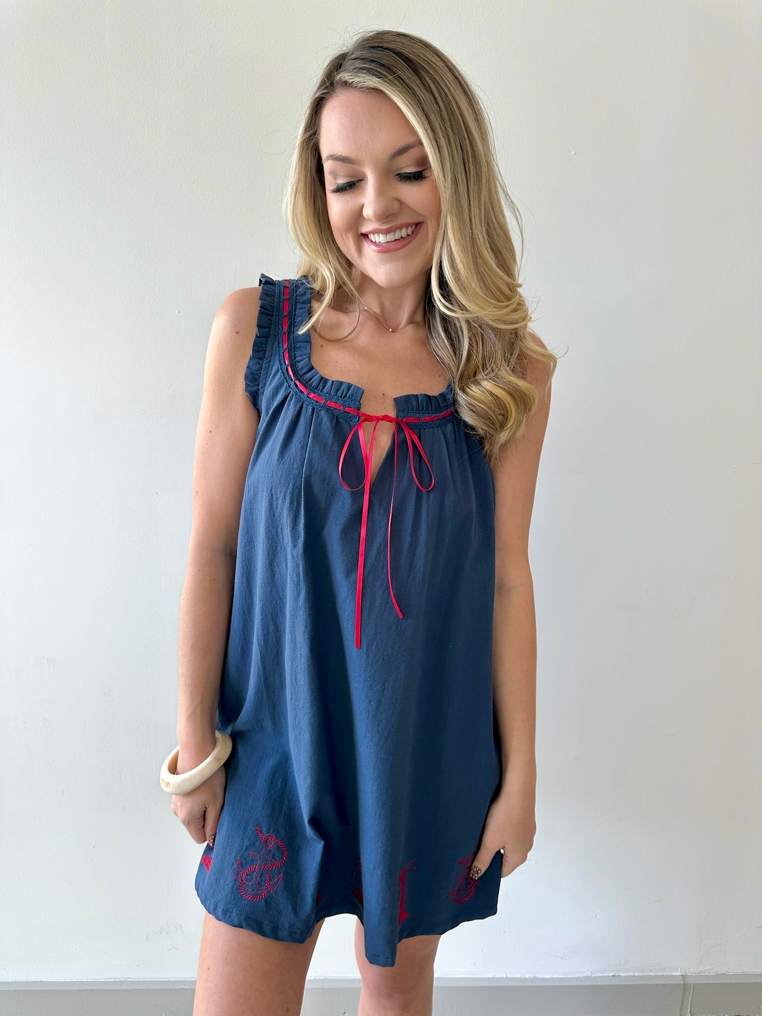 Nautical Wide Strap Dress - Navy