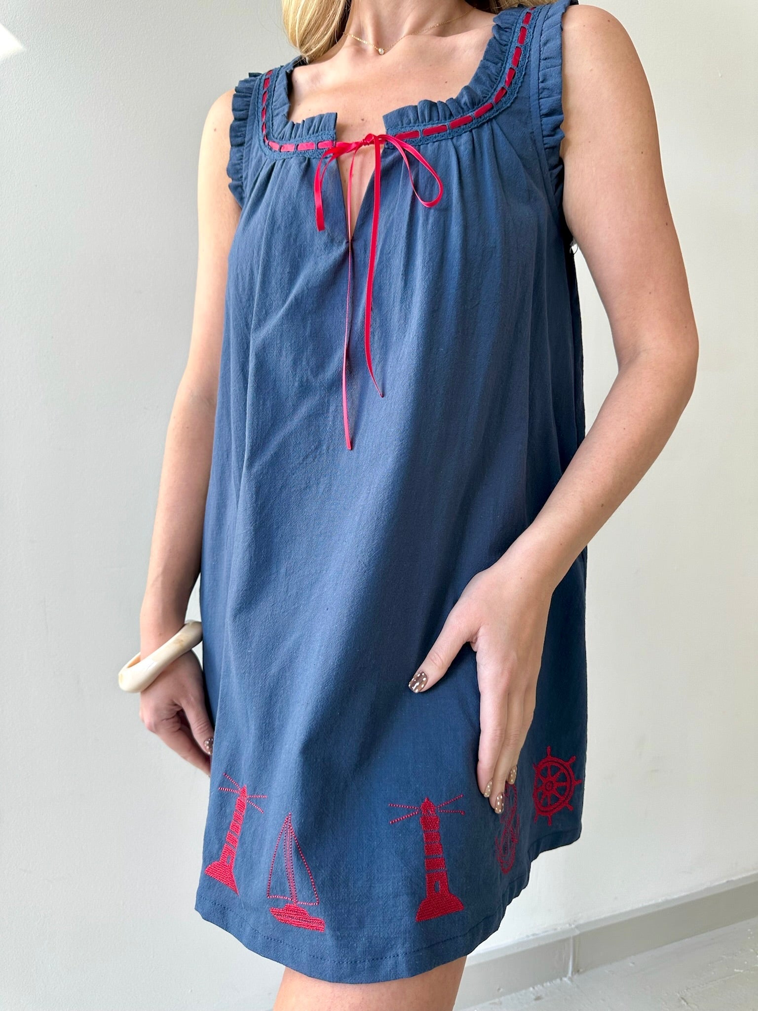 Nautical Wide Strap Dress - Navy