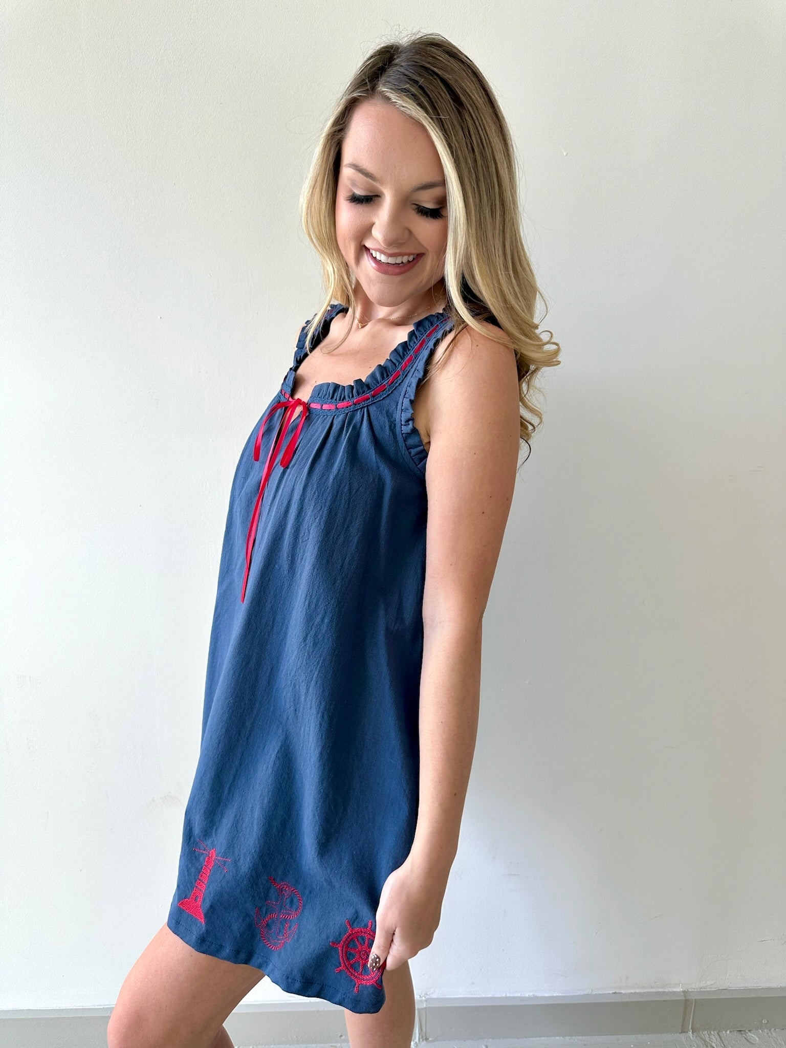 Nautical Wide Strap Dress - Navy