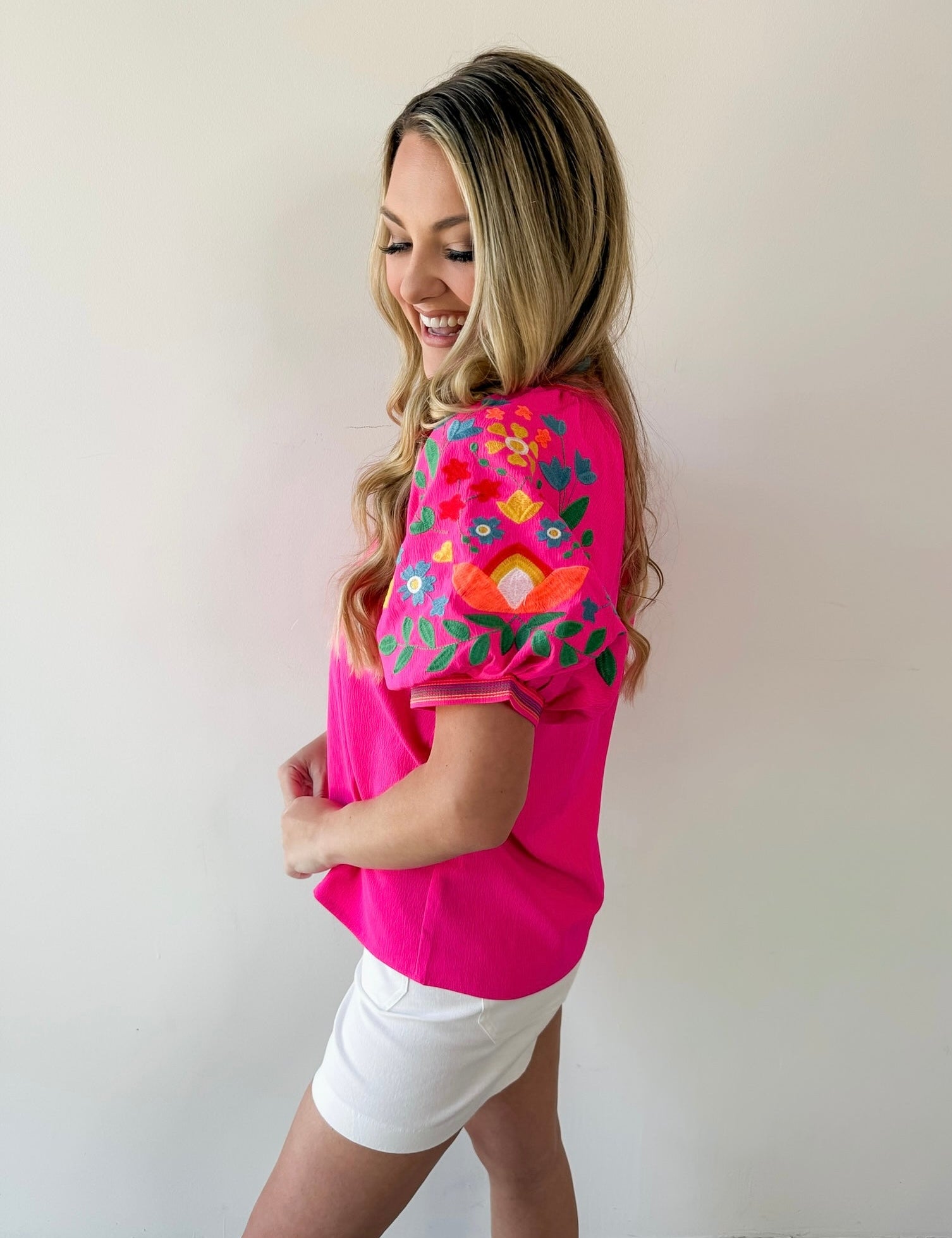 Notched V Neck Embroidered Top