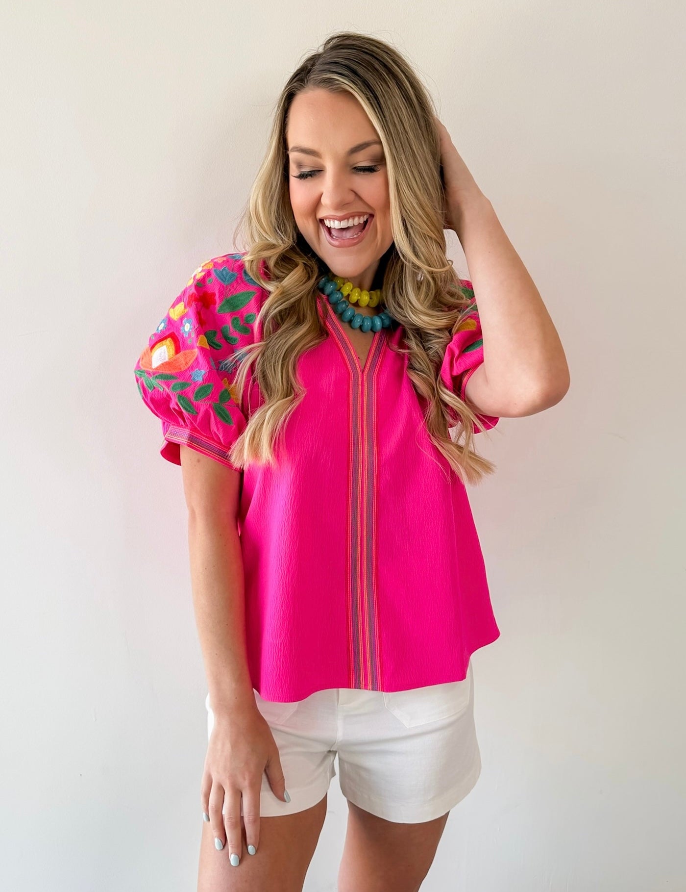 Notched V Neck Embroidered Top
