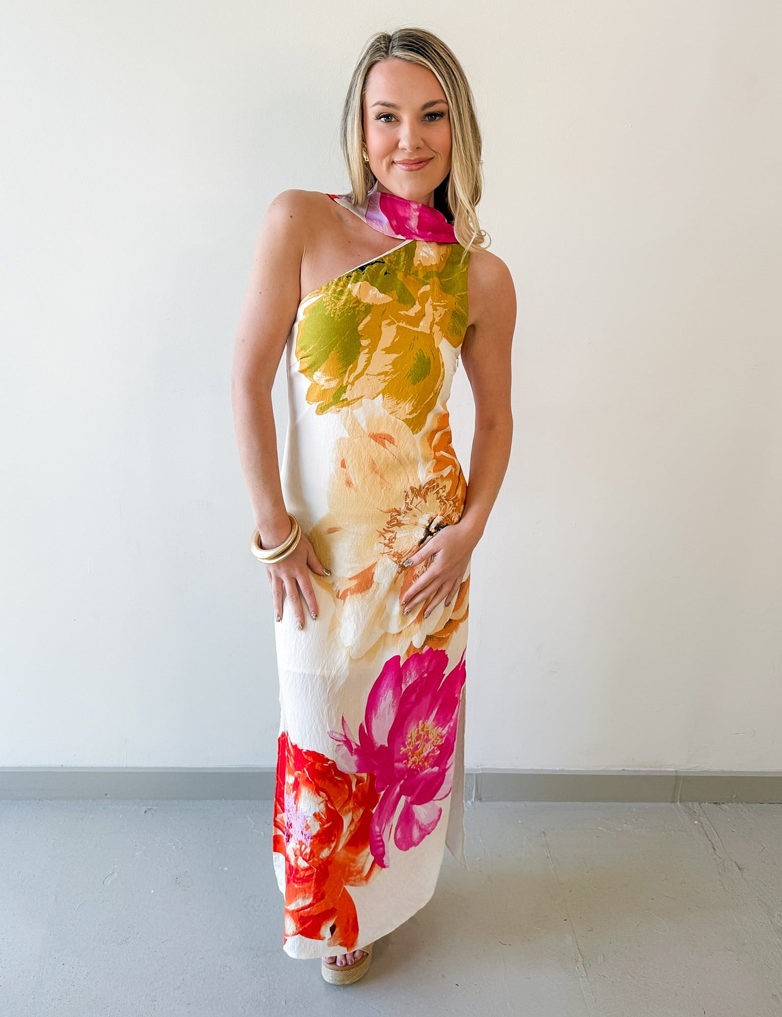 One Shoulder Floral Midi Dress