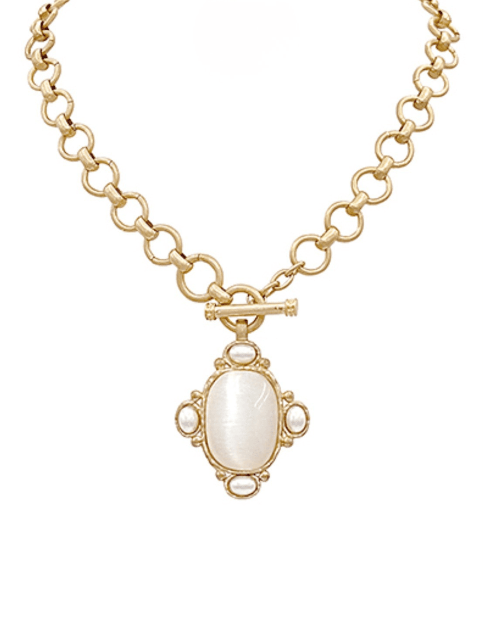 Oval Stone & Pearl Necklace - White
