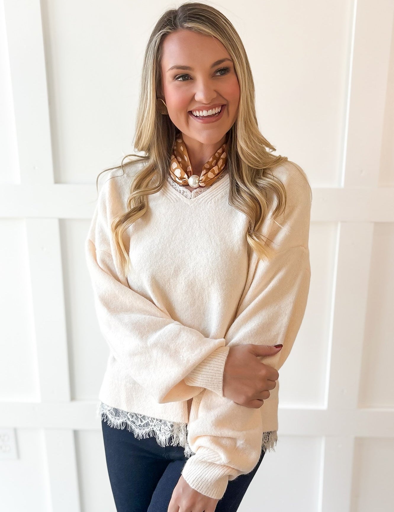 Oversized Accent Lace Sweater - Cream