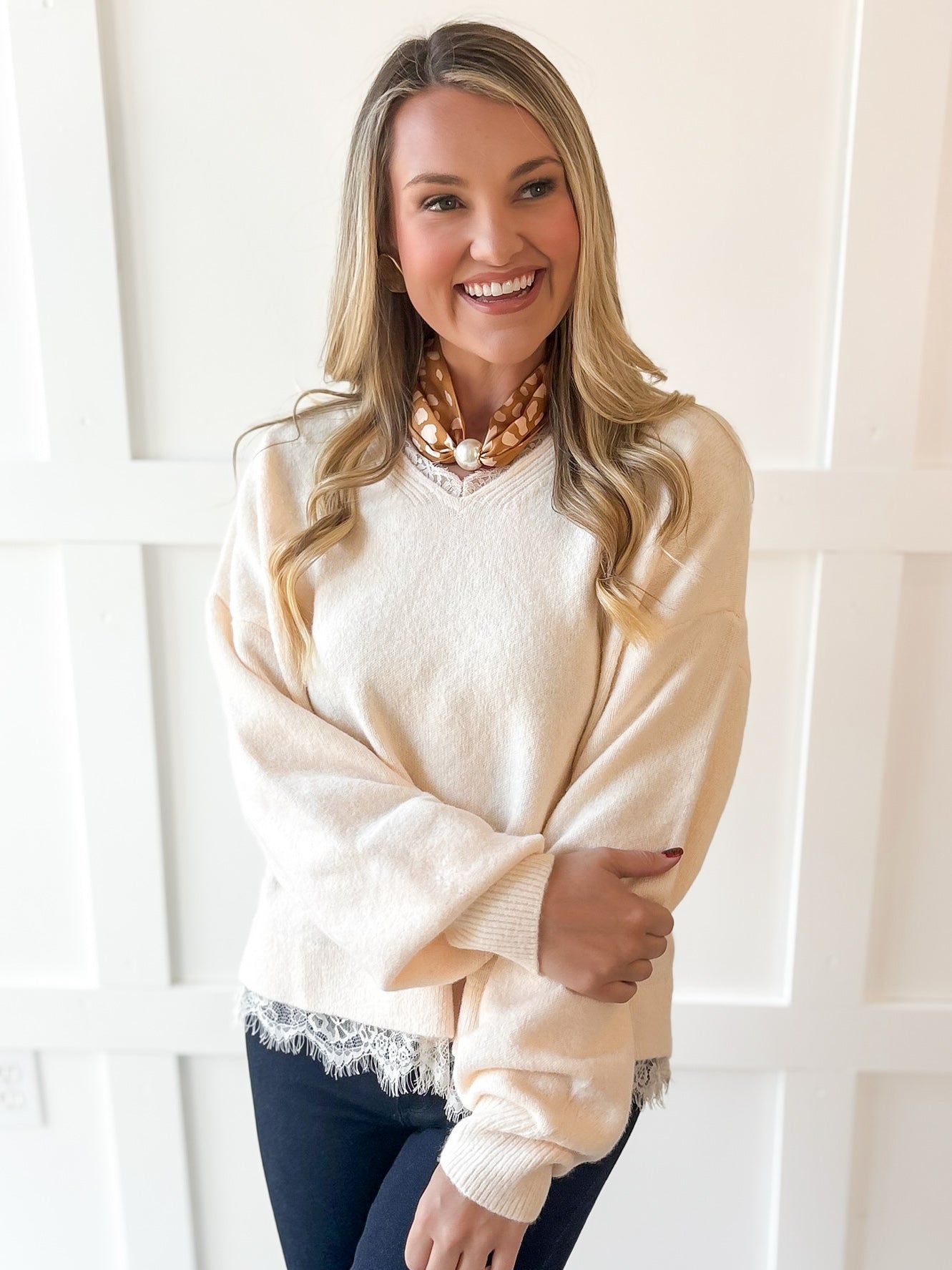 Oversized Accent Lace Sweater - Cream