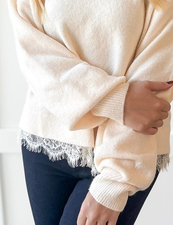 Oversized Accent Lace Sweater - Cream