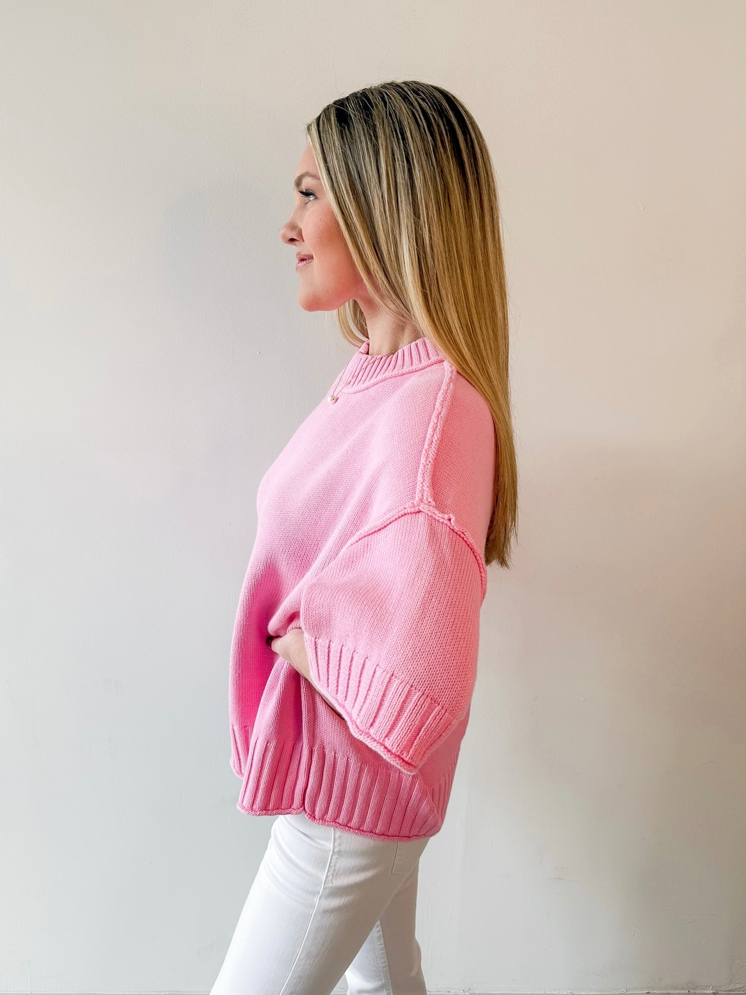 Oversized Crew Short Slv Sweater - Pink