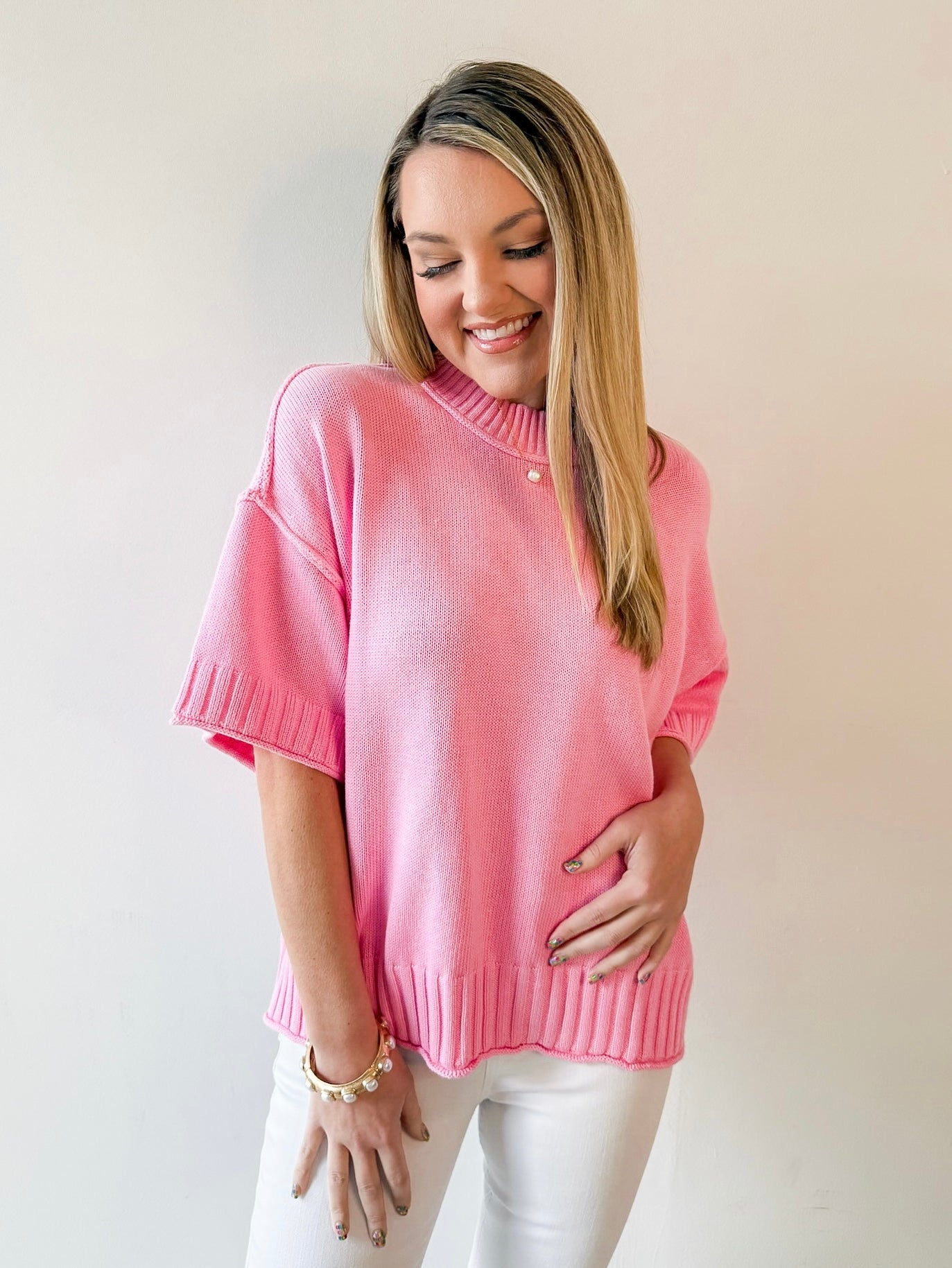 Oversized Crew Short Slv Sweater - Pink