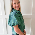Oversized Puff Sleeve Stripe Top- Navy-Green