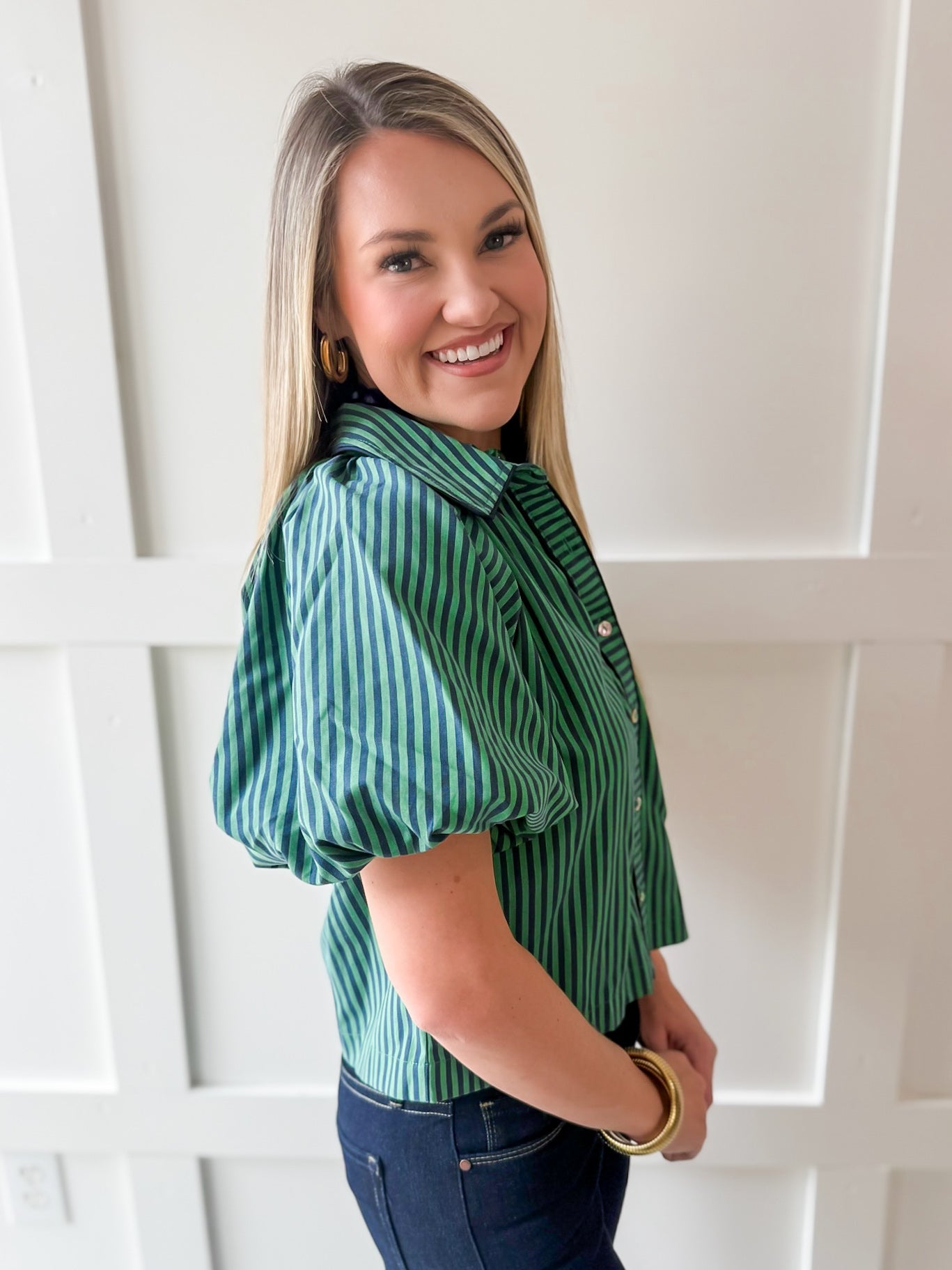 Oversized Puff Sleeve Stripe Top- Navy-Green